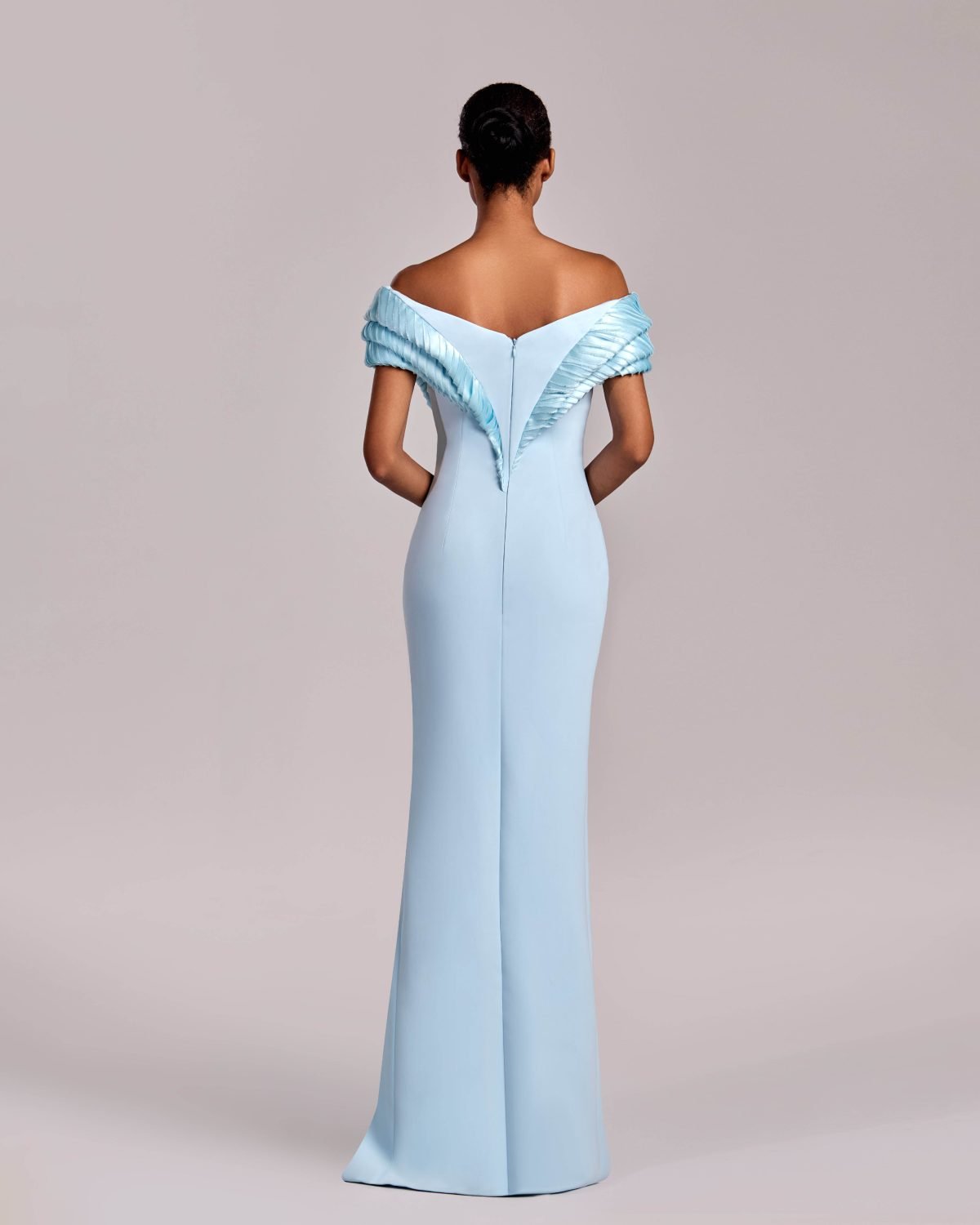 Ice Blue Three Dimensional Pleated Off-Shoulder Evening Dress