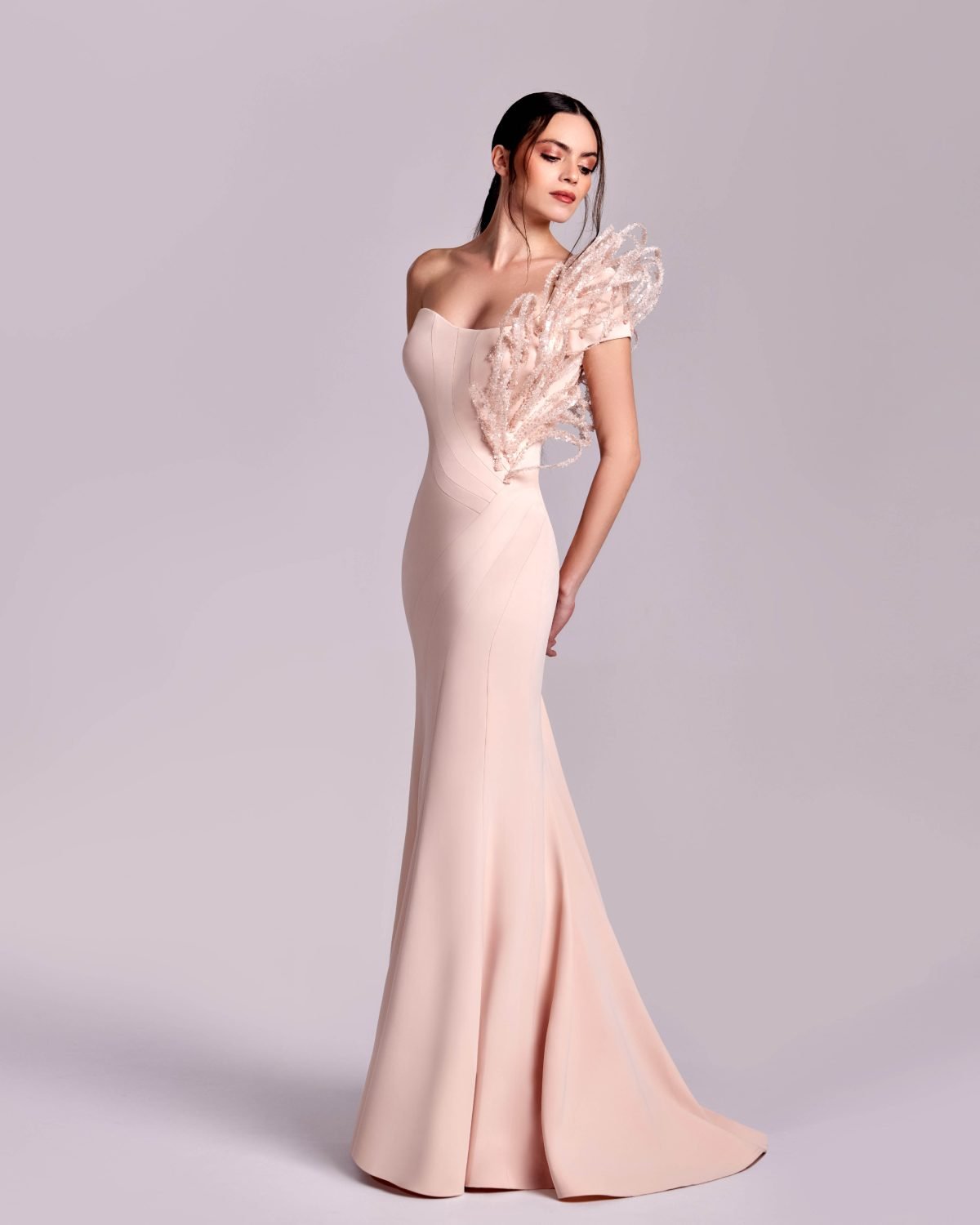 Mermaid Pink Nude Dress with 3D Ribbed One-Shoulder Cap Sleeve