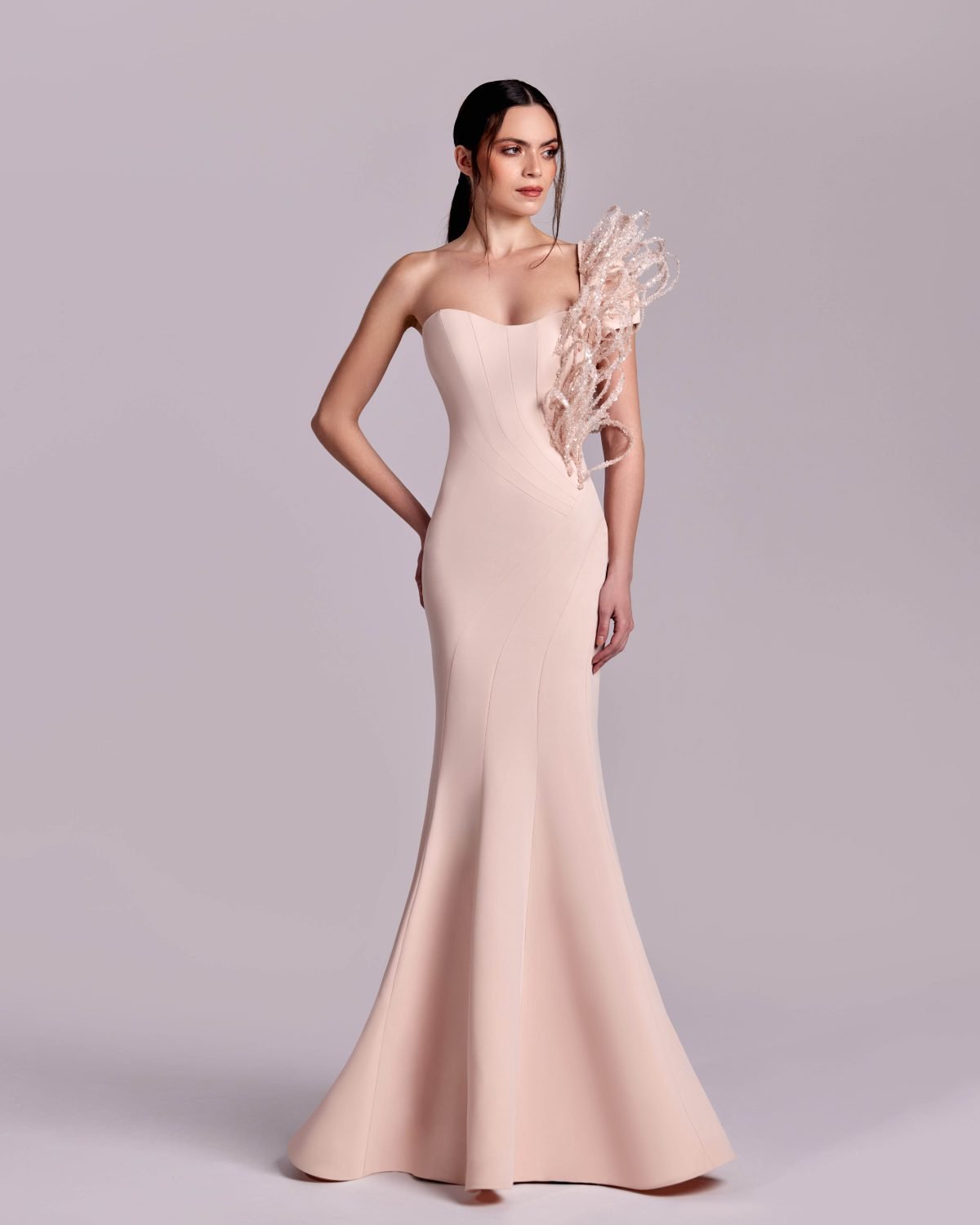 Mermaid Pink Nude Dress with 3D Ribbed One-Shoulder Cap Sleeve