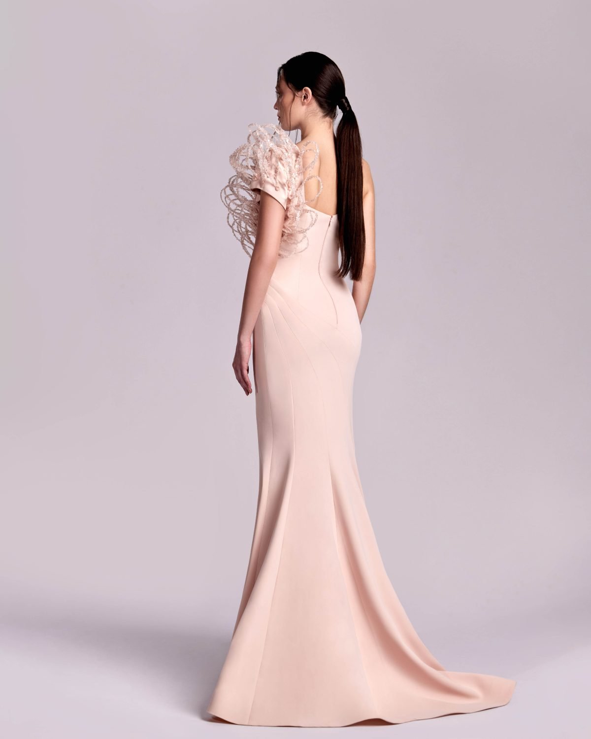Mermaid Pink Nude Dress with 3D Ribbed One-Shoulder Cap Sleeve