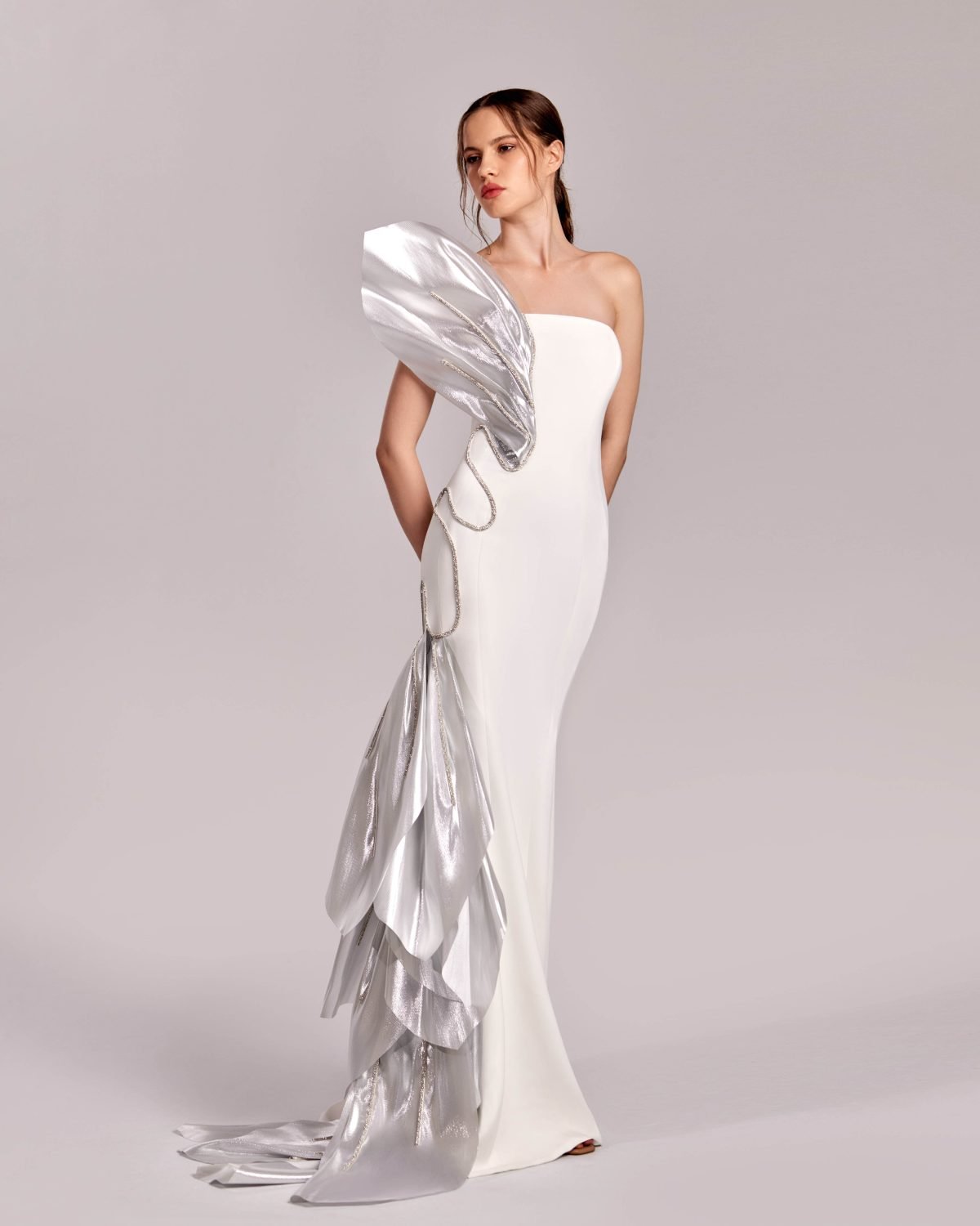 Luminous Metallic with Crystal Trims Off-White and Silver dress