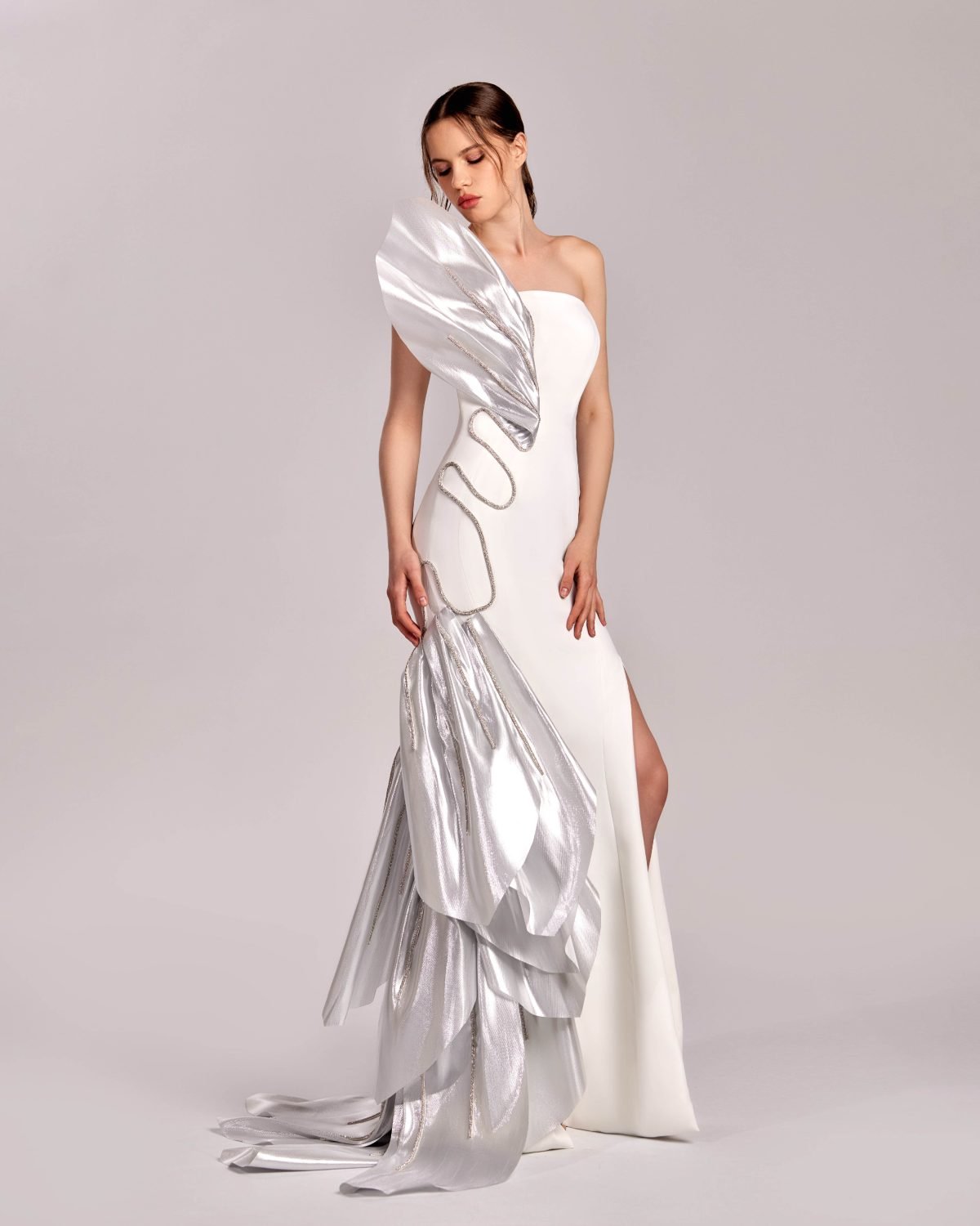 Luminous Metallic with Crystal Trims Off-White and Silver dress