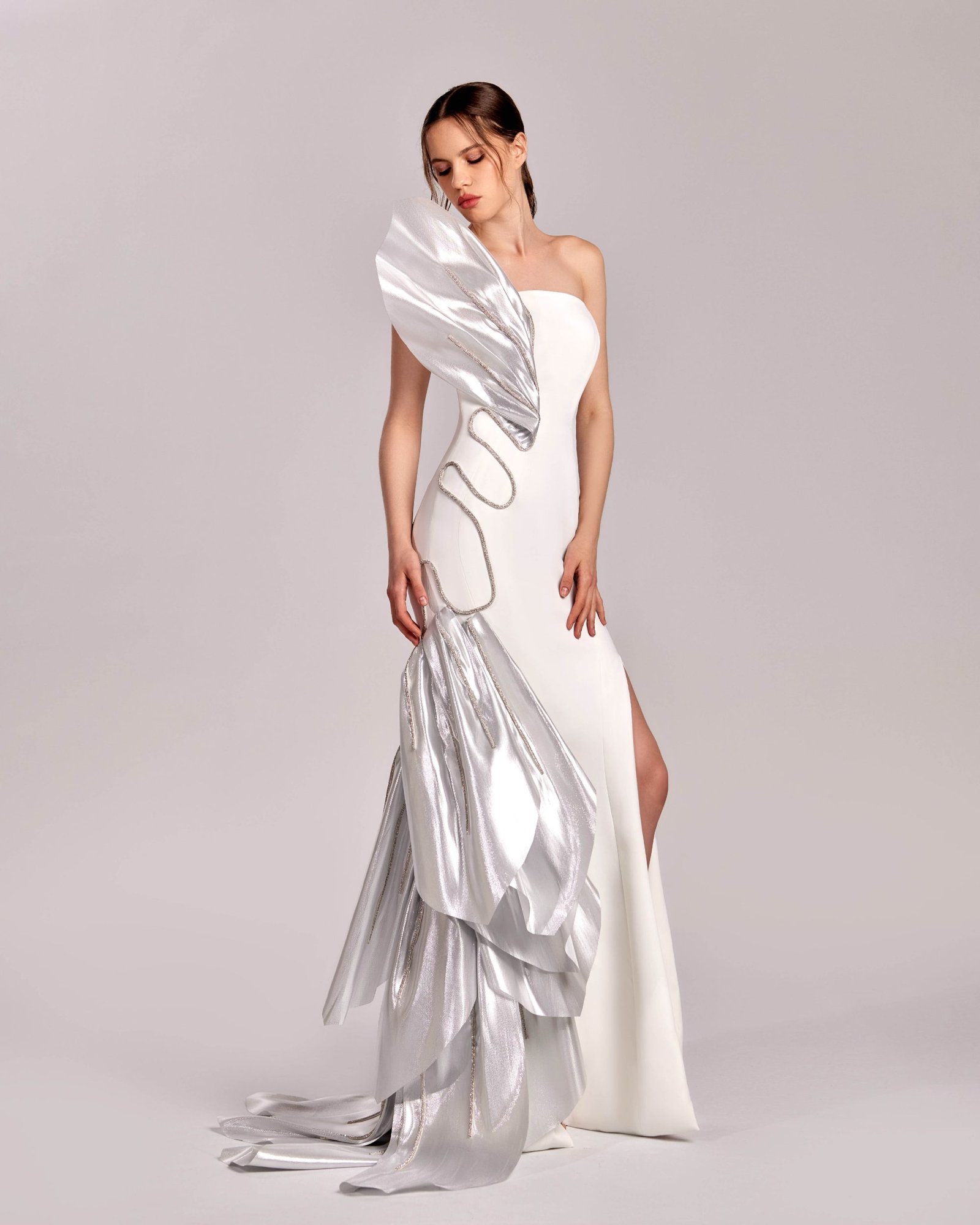 Luminous Metallic with Crystal Trims Off-White and Silver dress