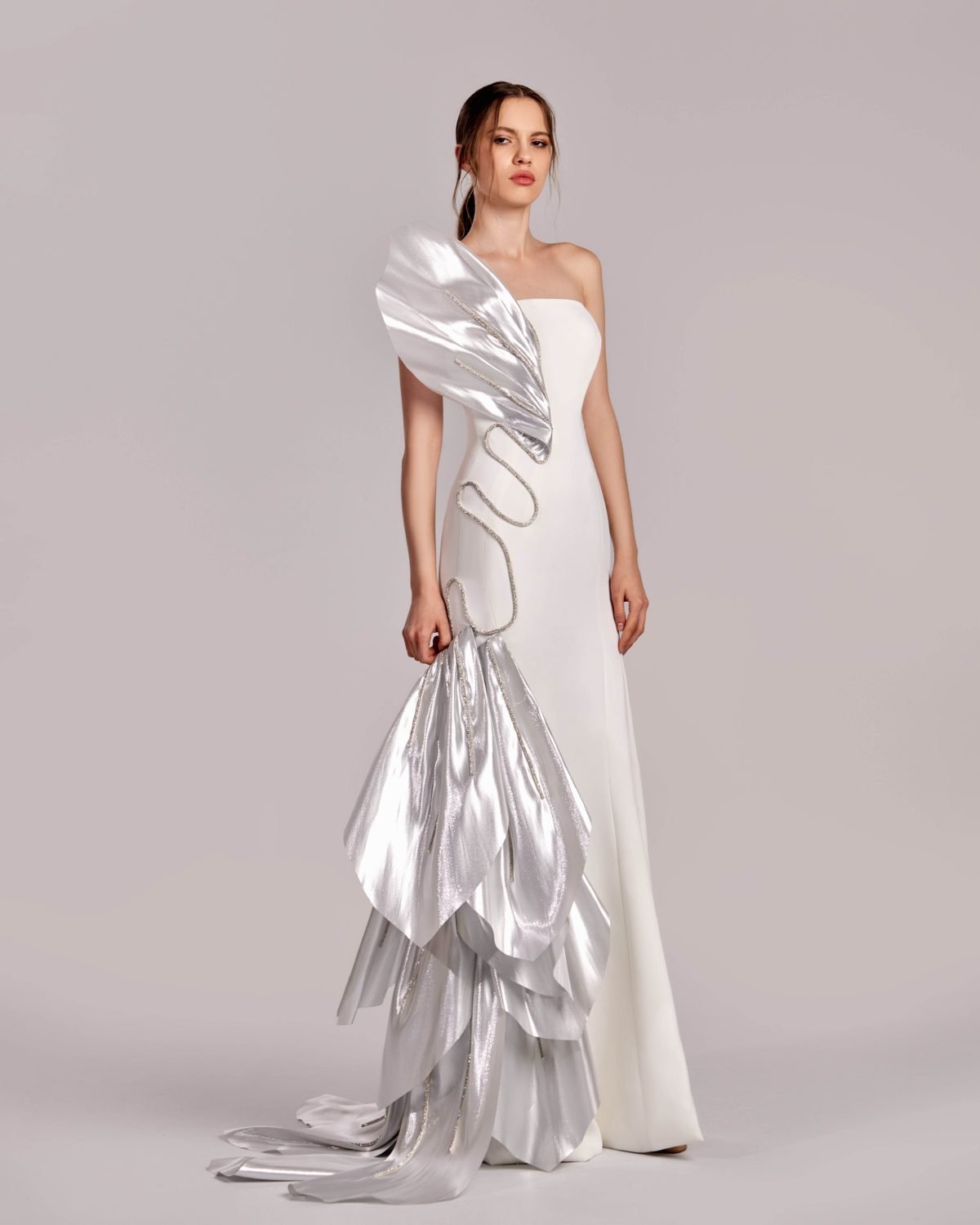 Luminous Metallic with Crystal Trims Off-White and Silver dress