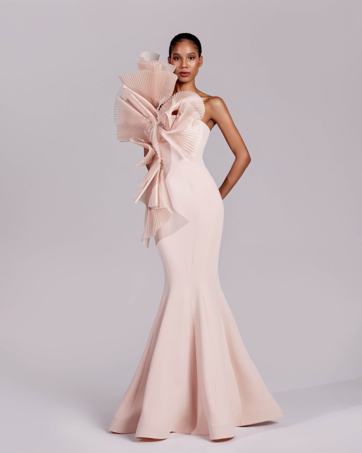 Nude Pink Mermaid Gown with Dramatic Pleated One Shoulder Ruffles