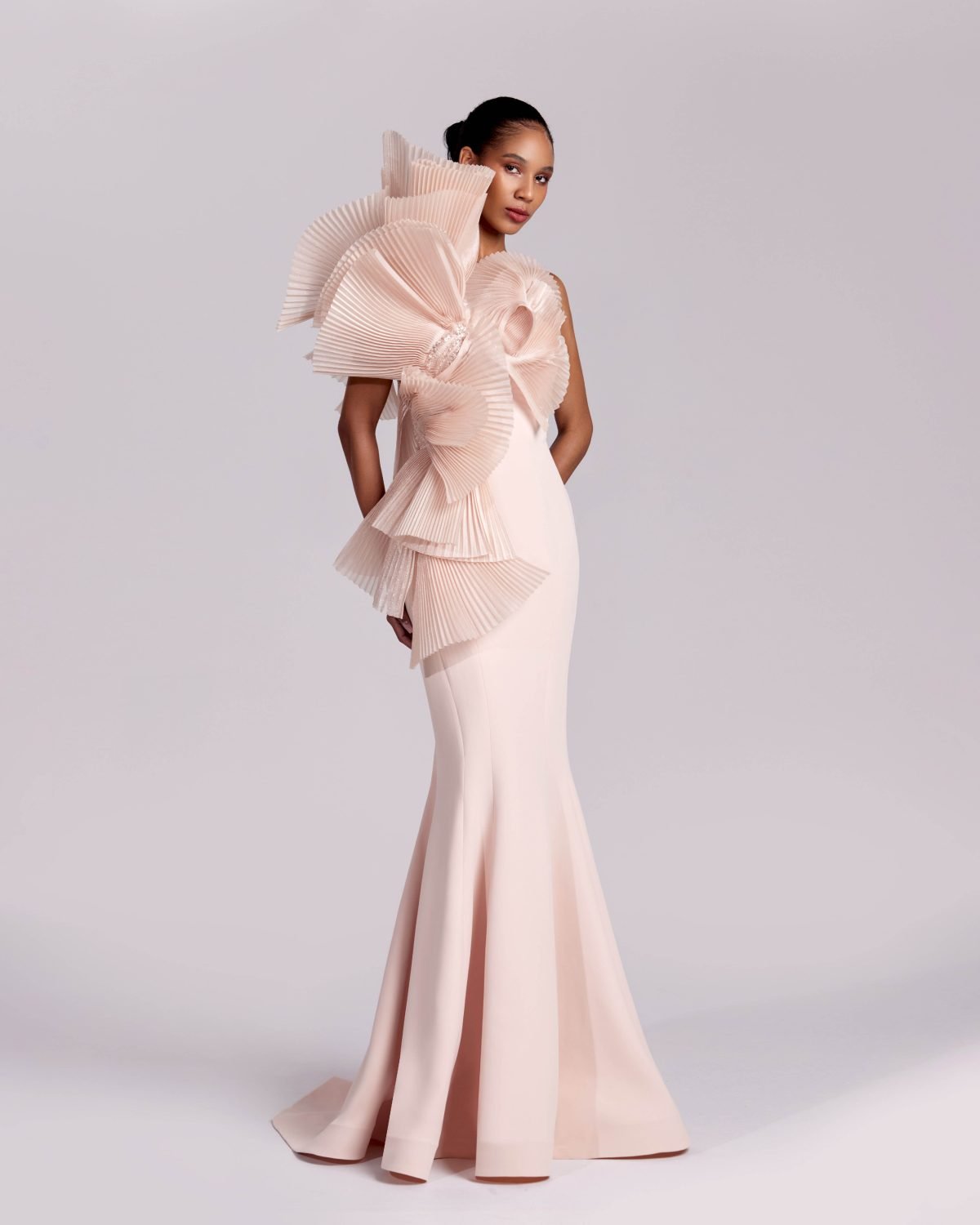 Nude Pink Mermaid Gown with Dramatic Pleated One Shoulder Ruffles