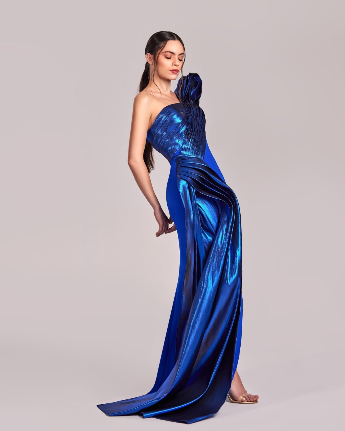 Dazzling Blue Dress with Sculptural Metallic Draping