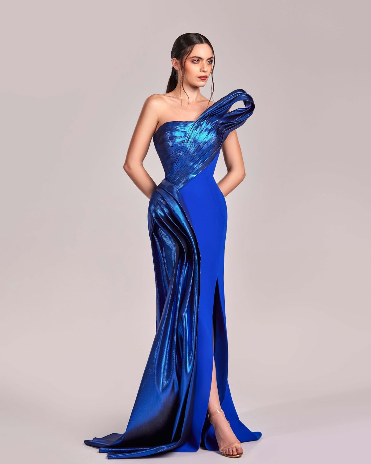 Dazzling Blue Dress with Sculptural Metallic Draping