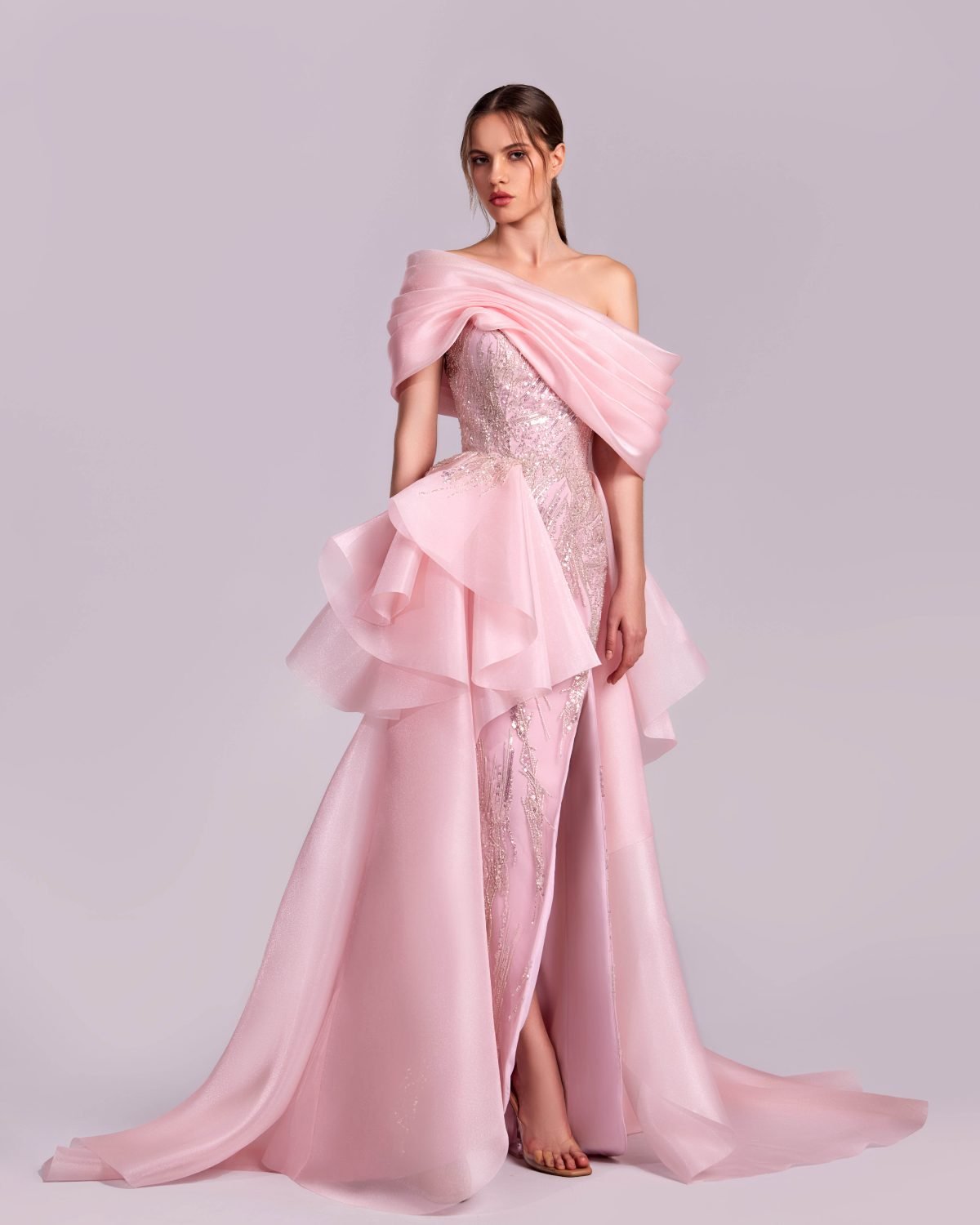 Whimsical Off-Shoulders Lace and Organza Pink Dress