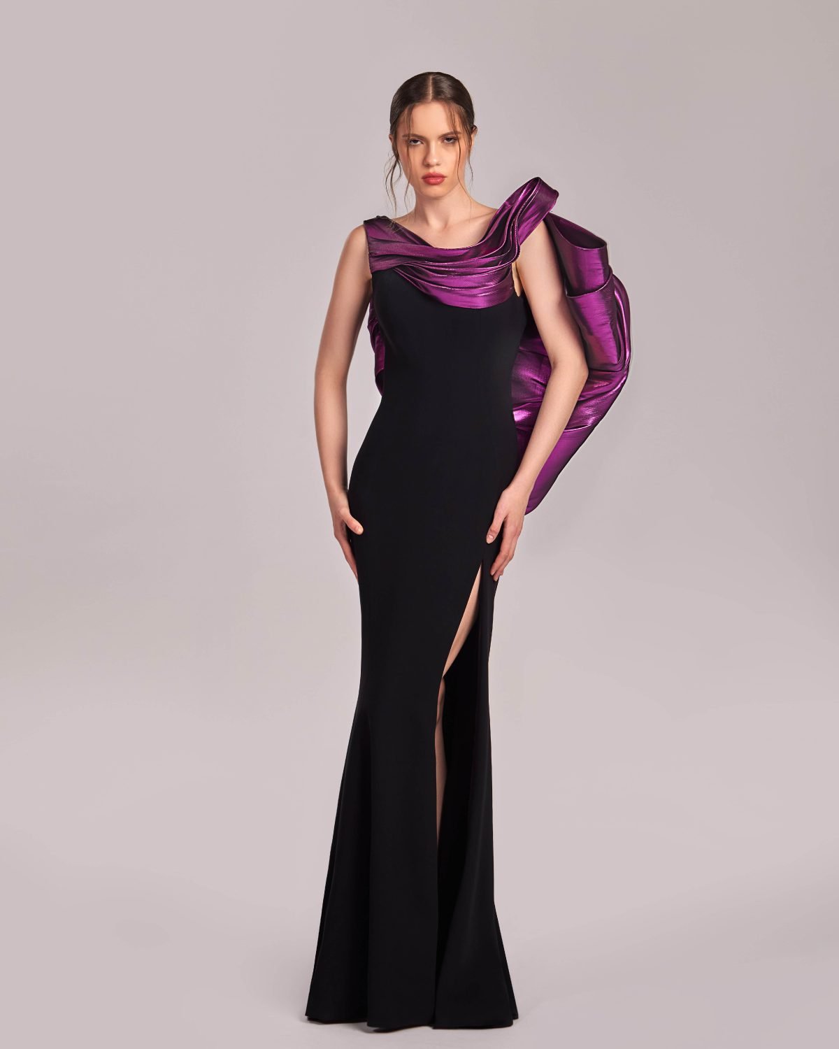 Black Open Back Dress with Metallic Fuchsia Drapes