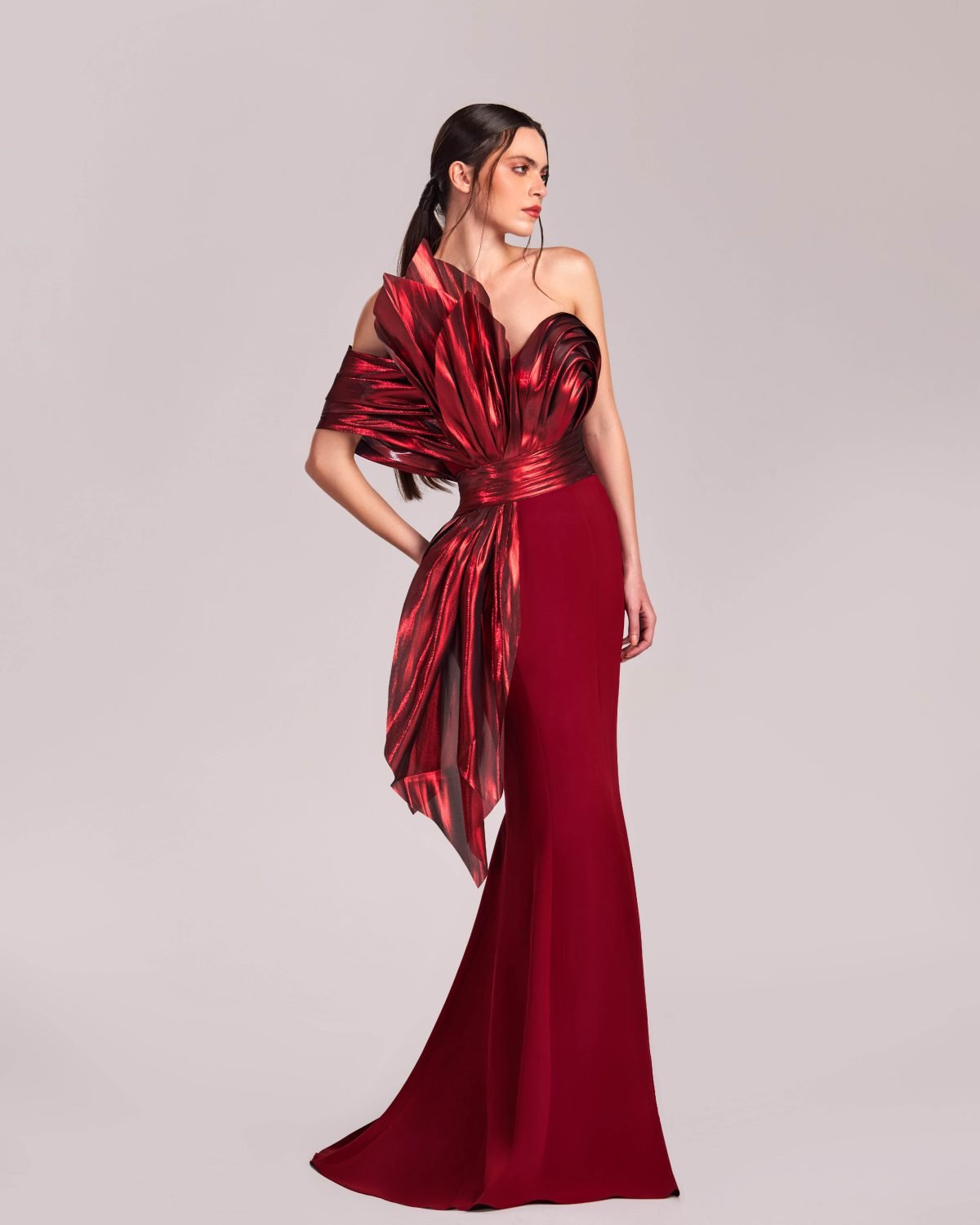 Burgundy Red Metallic Flared Mermaid Dress