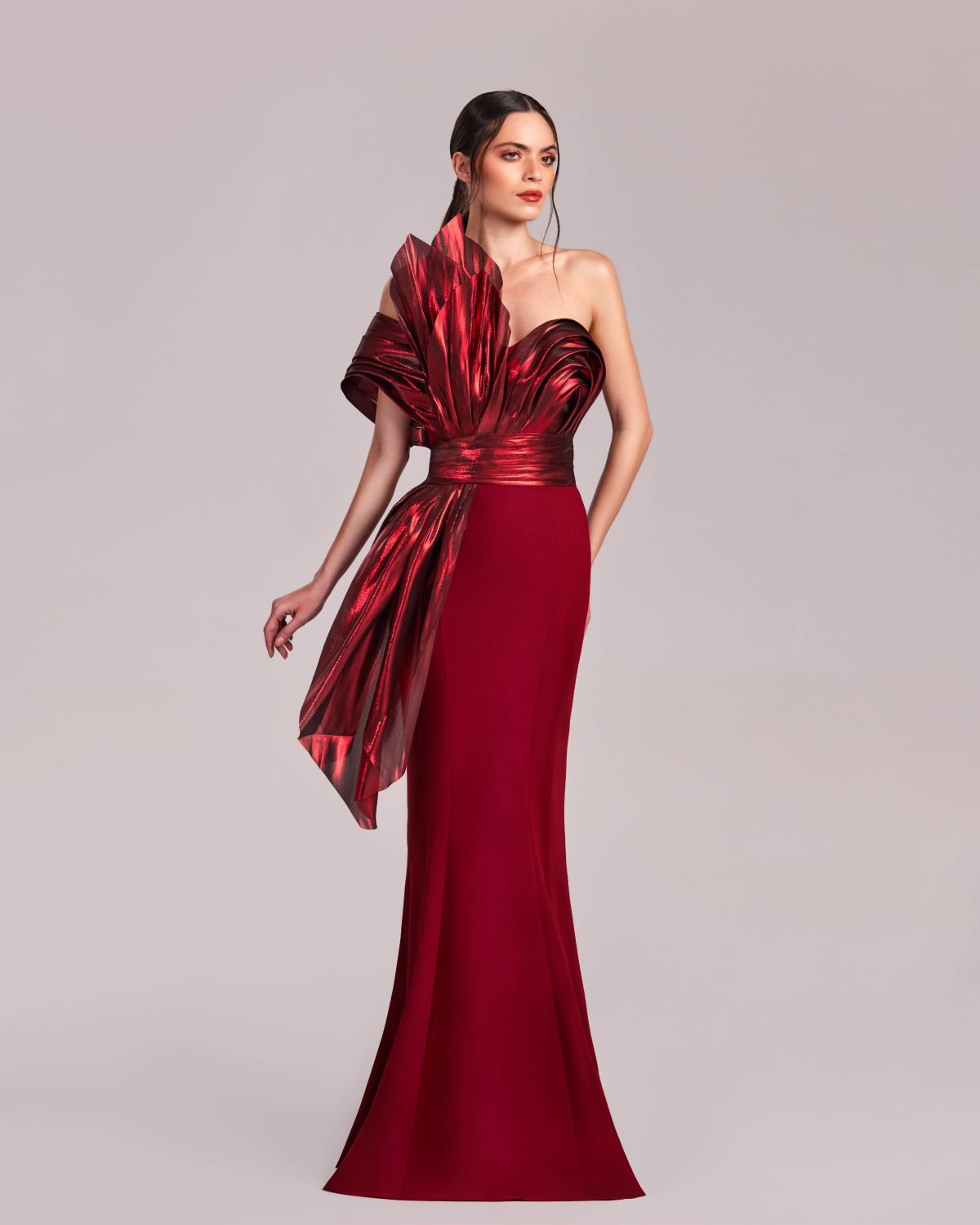 Burgundy Red Metallic Flared Mermaid Dress