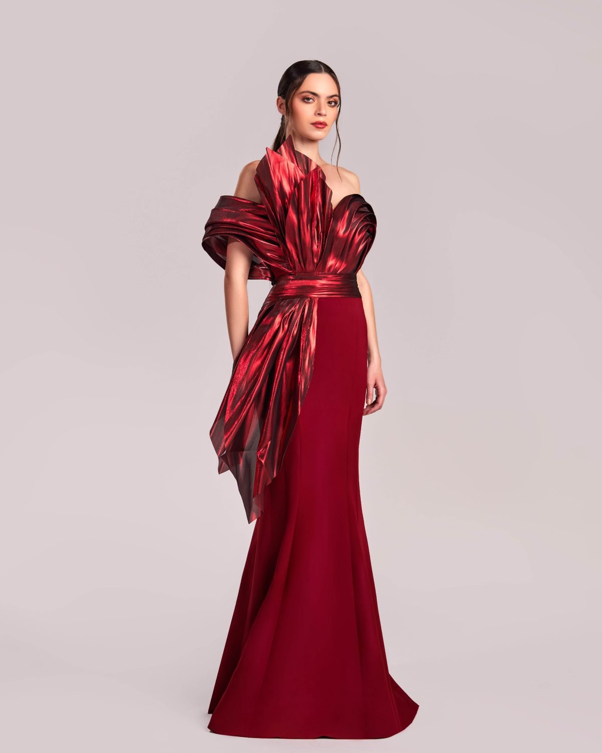 Burgundy Red Metallic Flared Mermaid Dress