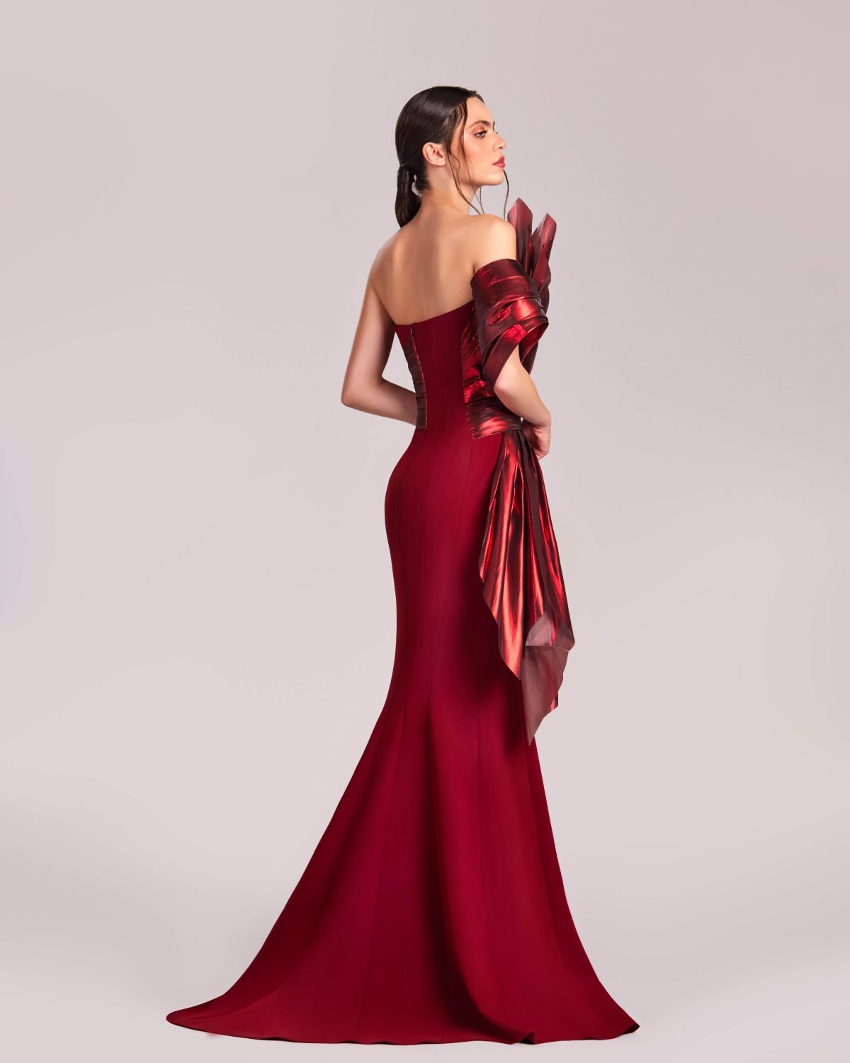Burgundy Red Metallic Flared Mermaid Dress