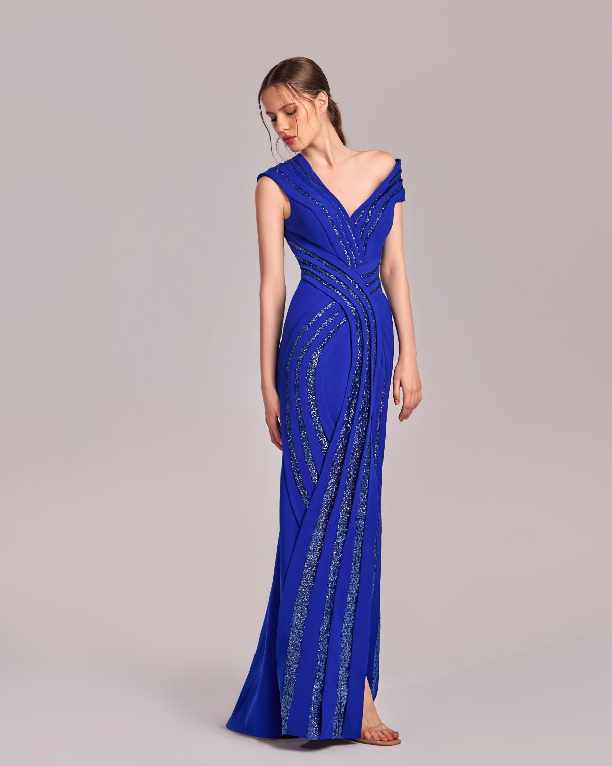 Royal Blue Asymmetrical Sparkling Evening Gown