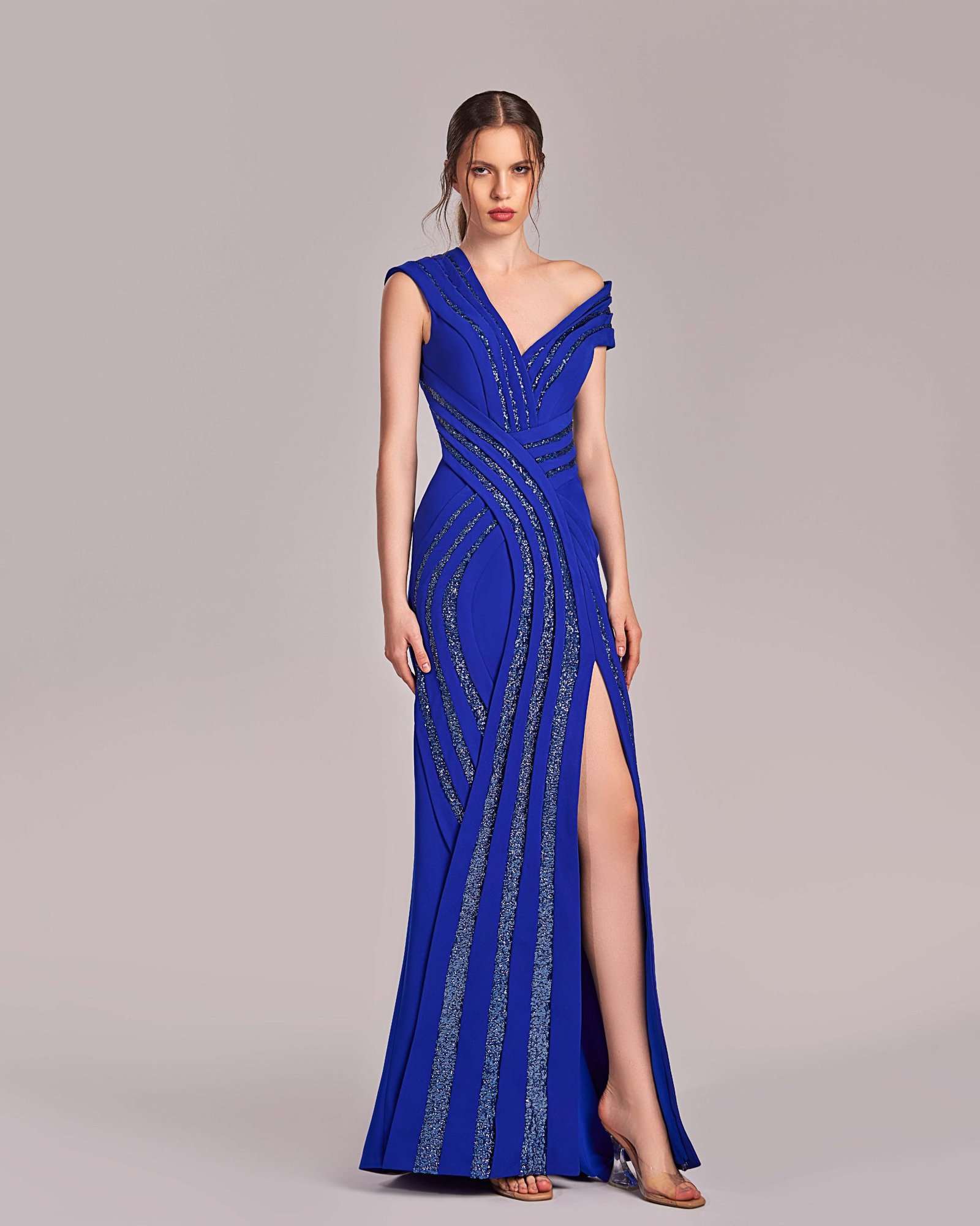 Royal Blue Asymmetrical Sparkling Evening Gown