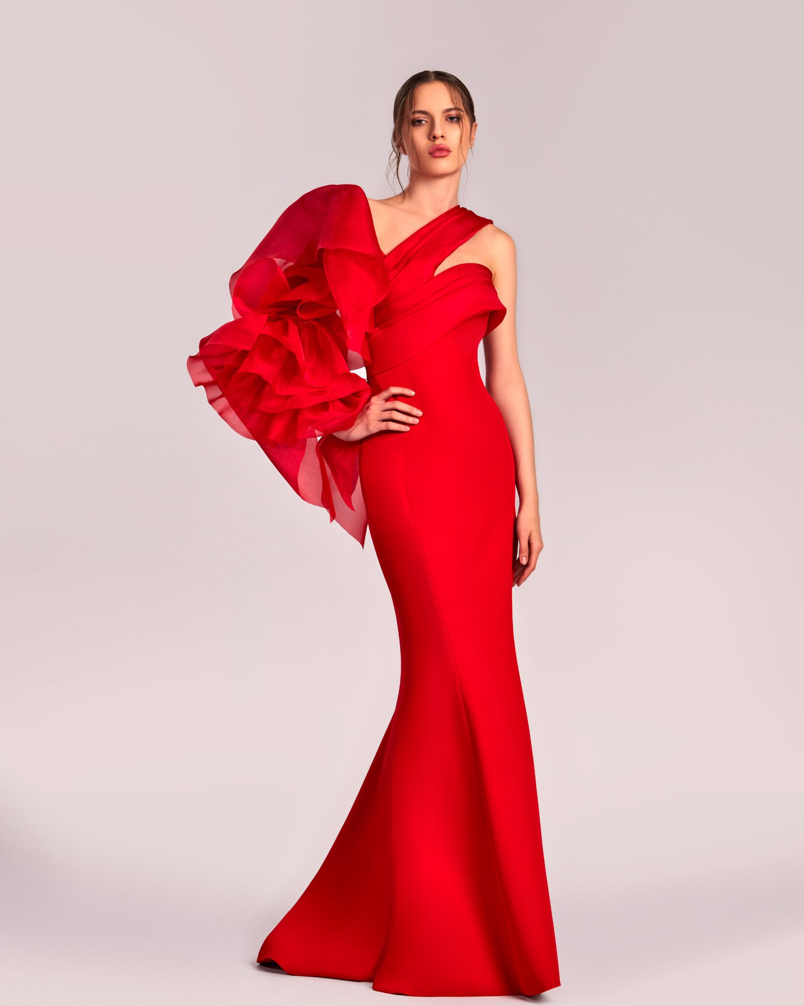 Radiant Ruffled Sleeve One Shoulder Dress