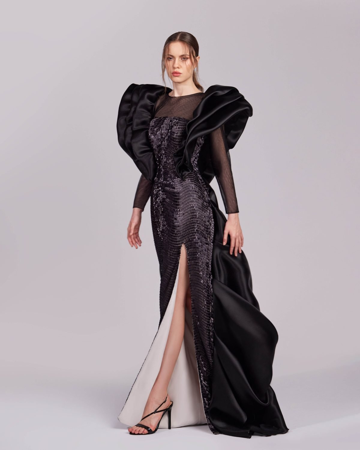 Elegant Black Sequins Gown with Dramatic Shoulders
