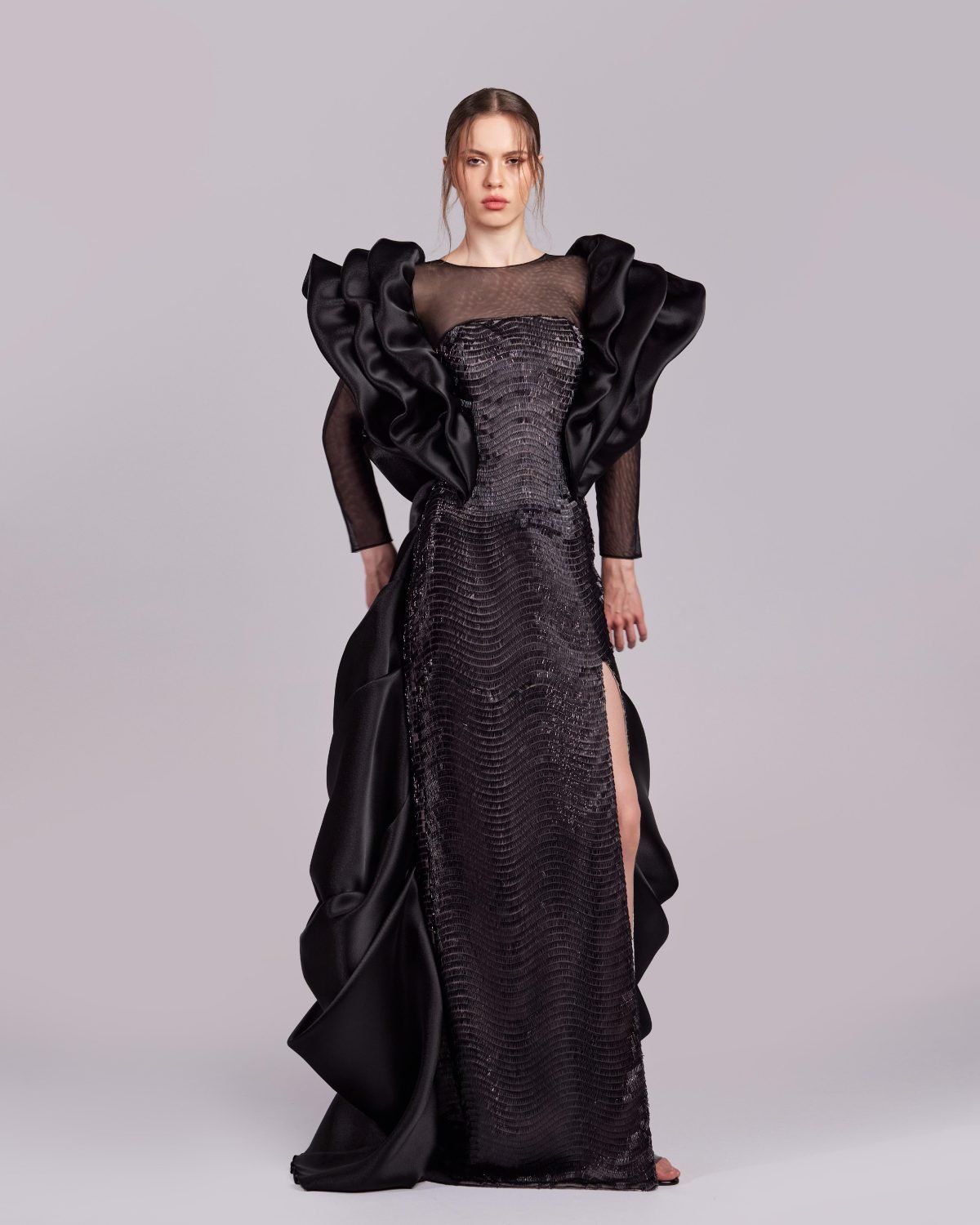 Elegant Black Sequins Gown with Dramatic Shoulders