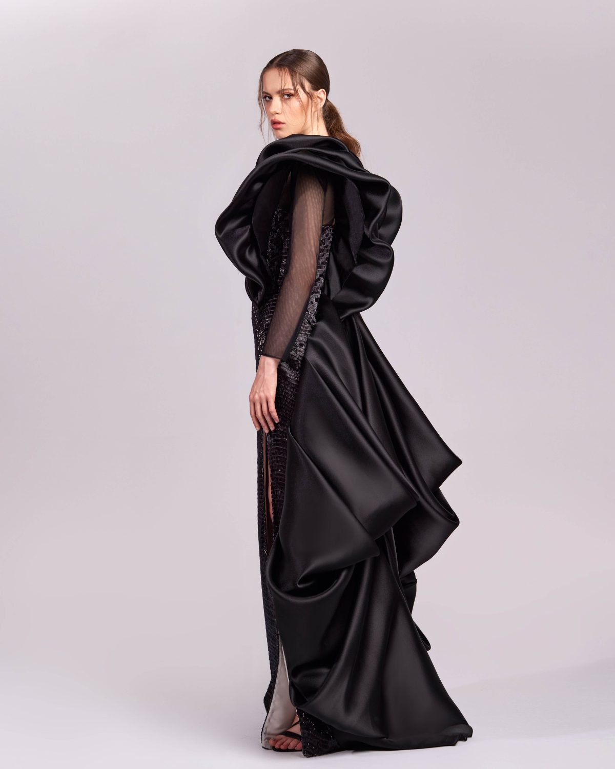 Elegant Black Sequins Gown with Dramatic Shoulders