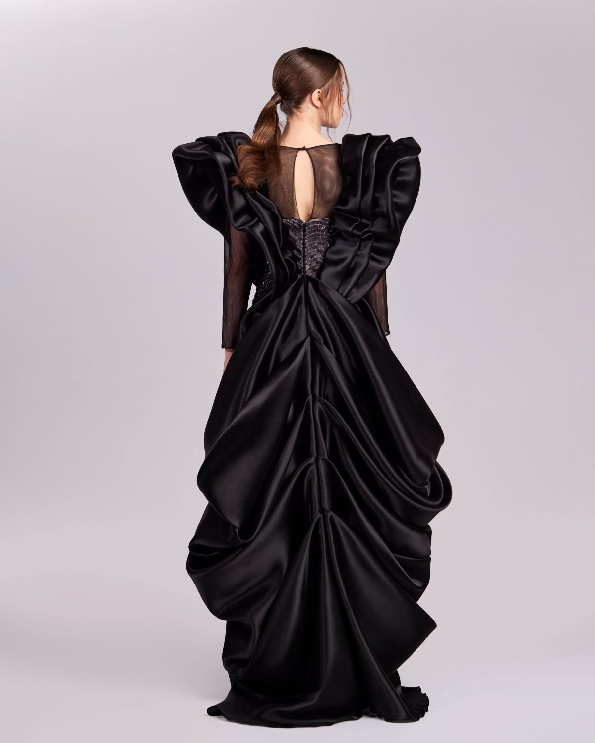 Elegant Black Sequins Gown with Dramatic Shoulders
