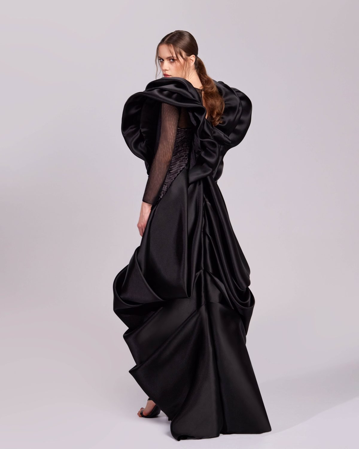 Elegant Black Sequins Gown with Dramatic Shoulders