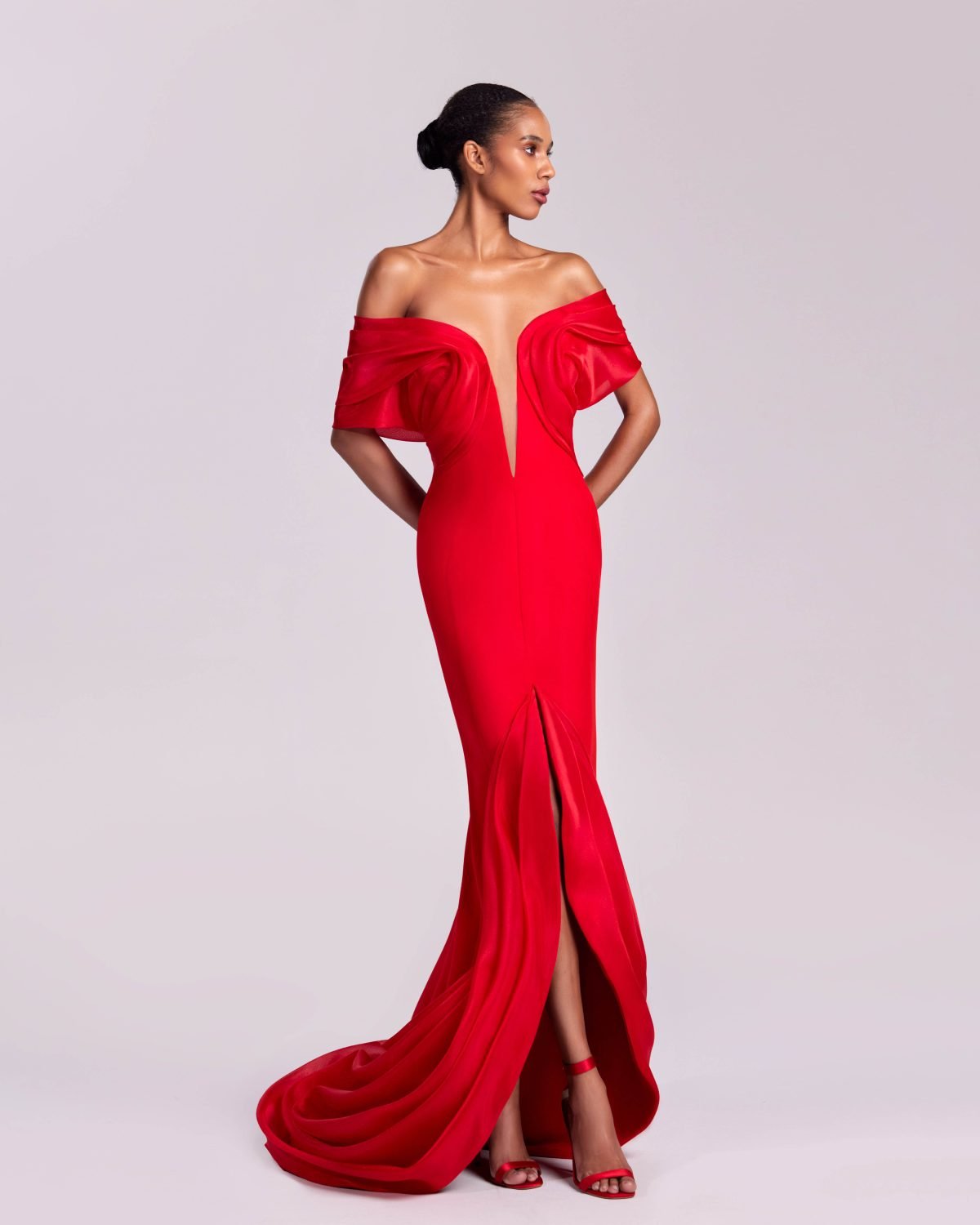 Red Off-the-Shoulder Gown with Deep V-Cut and Front Slit