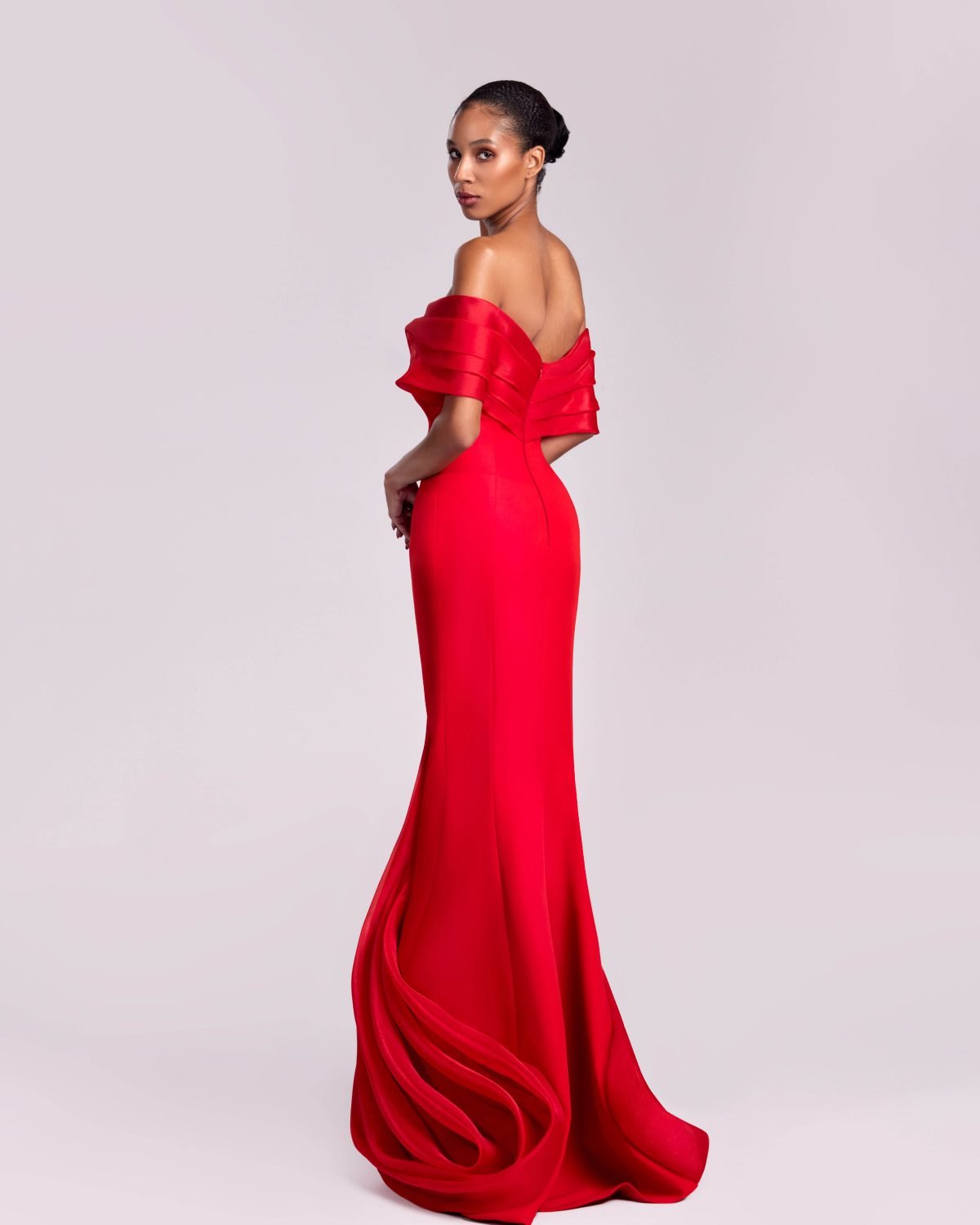 Red Off-the-Shoulder Gown with Deep V-Cut and Front Slit