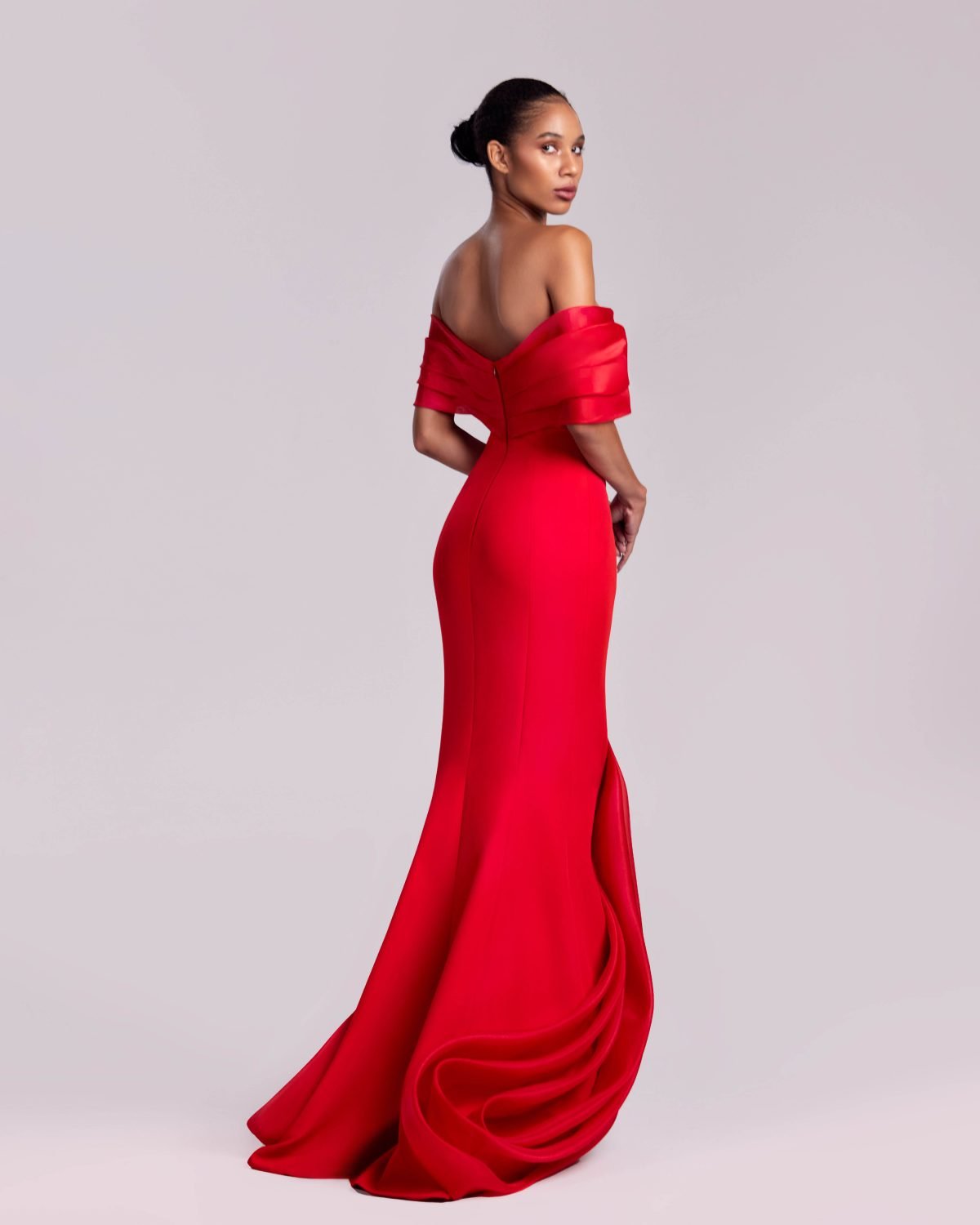 Red Off-the-Shoulder Gown with Deep V-Cut and Front Slit