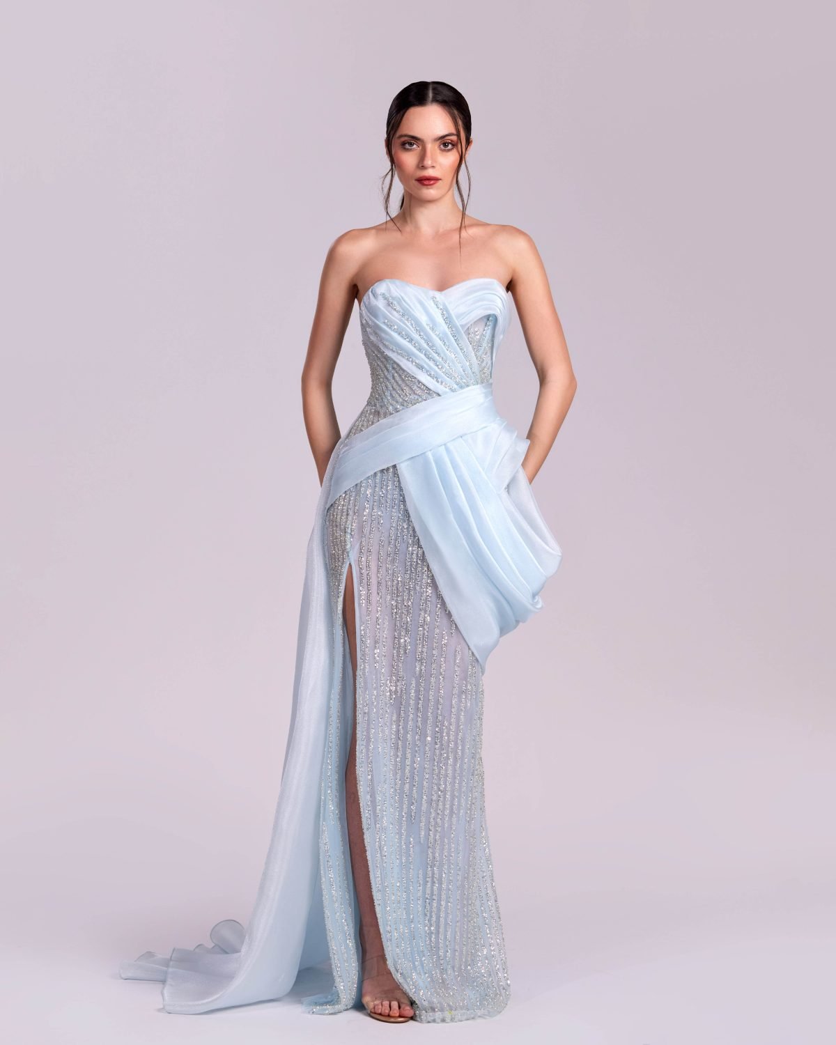 Celestial Ice Blue lace Dress with Organza Detailing