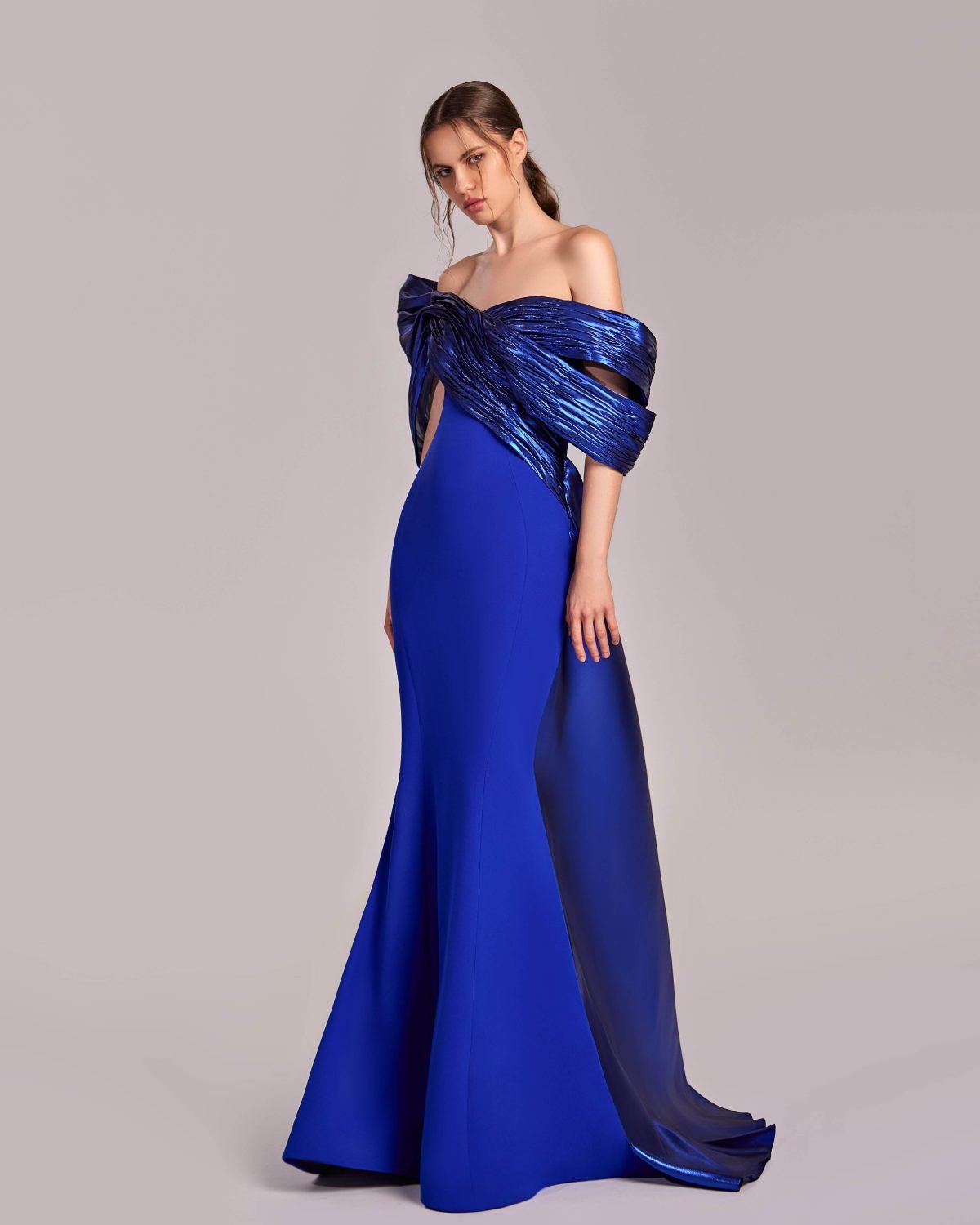 Metallic Royal Blue Off-Shoulders Mermaid Gown