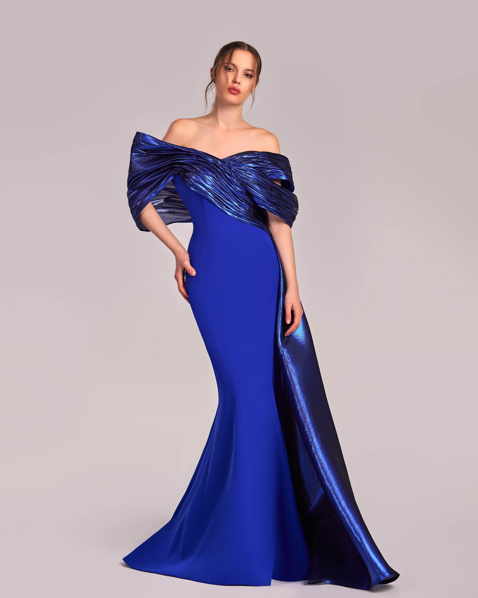 Metallic Royal Blue Off-Shoulders Mermaid Gown