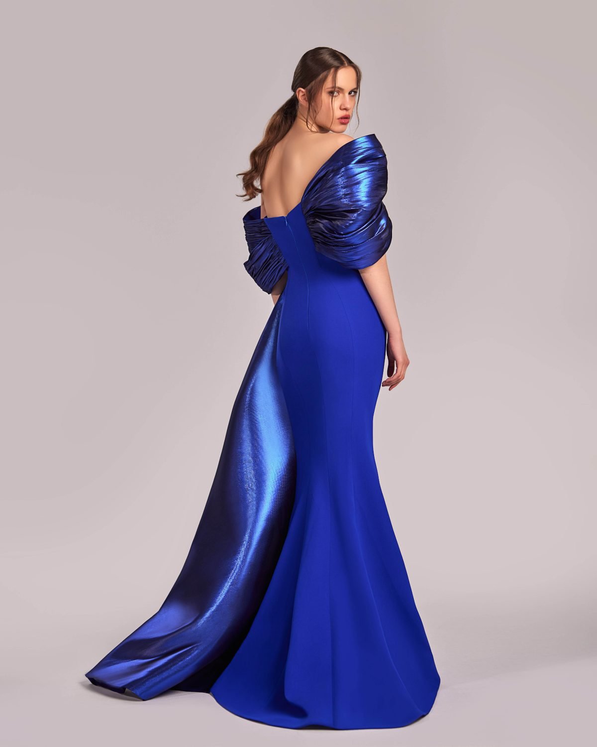Metallic Royal Blue Off-Shoulders Mermaid Gown