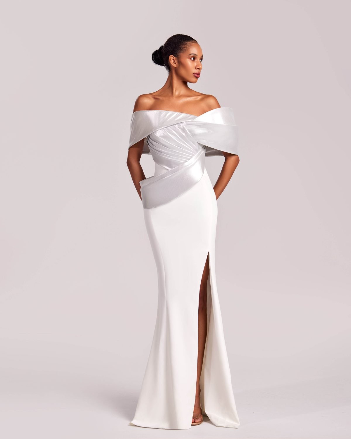 Off-Shoulder White Crepe and Silver Metallic Gown