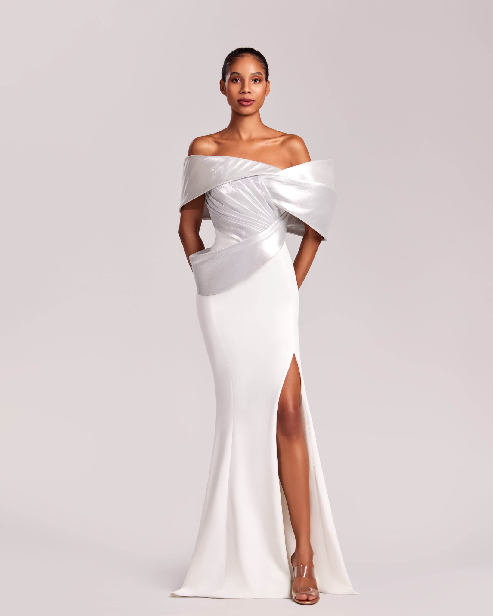 Off-Shoulder White Crepe and Silver Metallic Gown