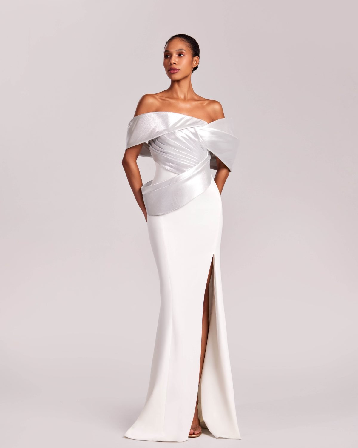 Off-Shoulder White Crepe and Silver Metallic Gown
