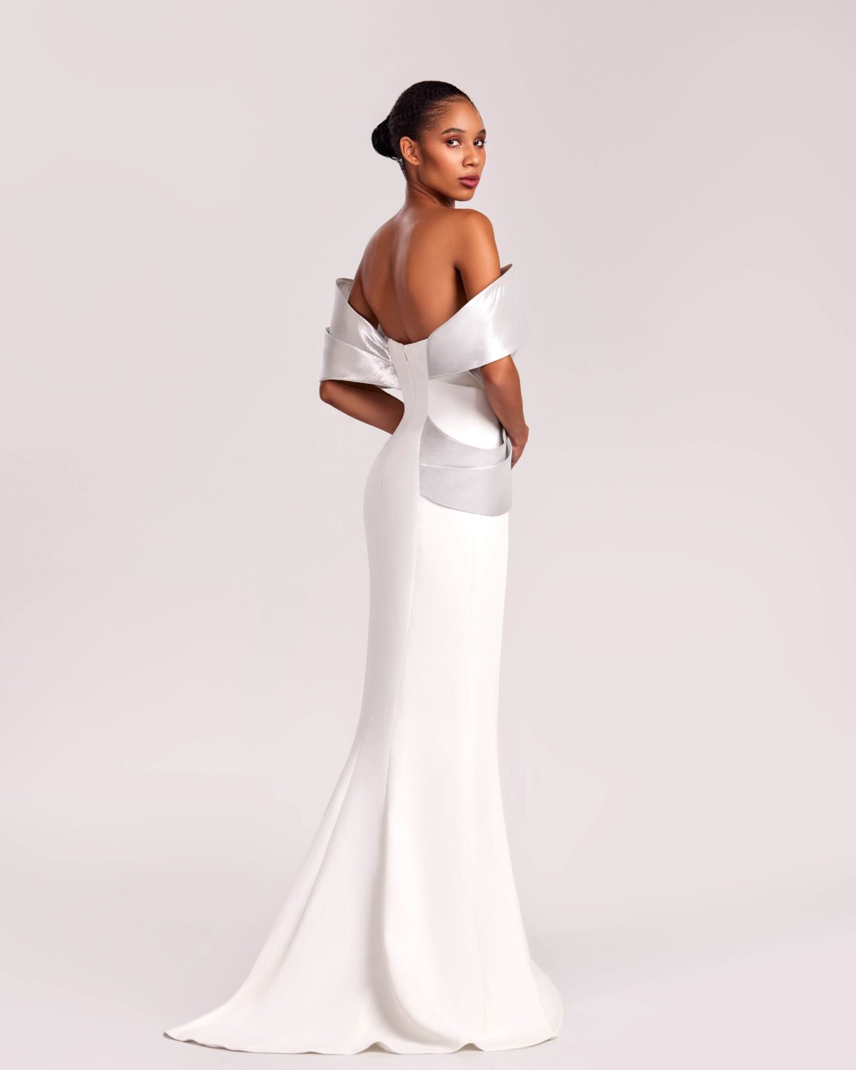 Off-Shoulder White Crepe and Silver Metallic Gown