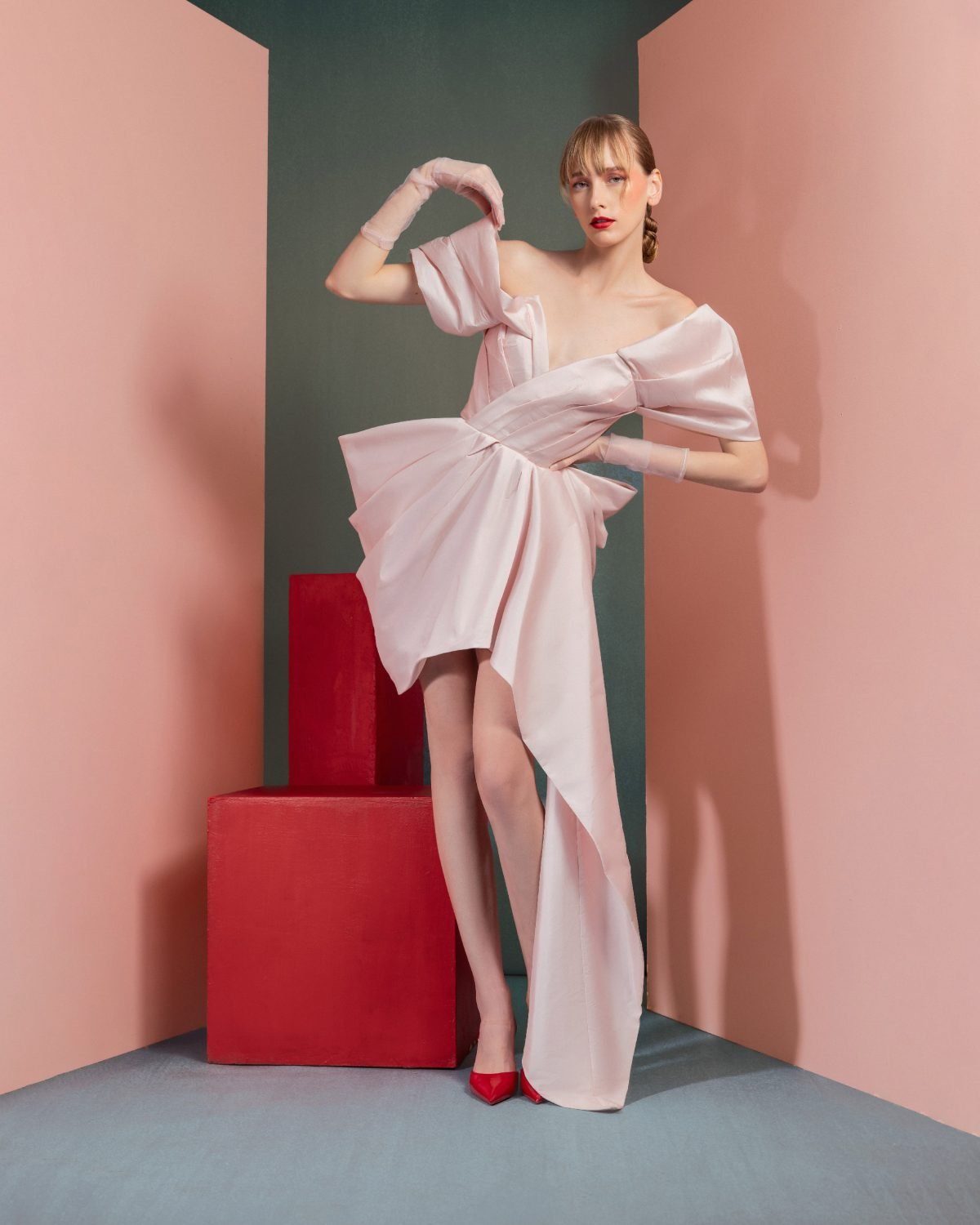 Asymmetrical Pink Taffeta Dress with Dynamic Off-Shoulders