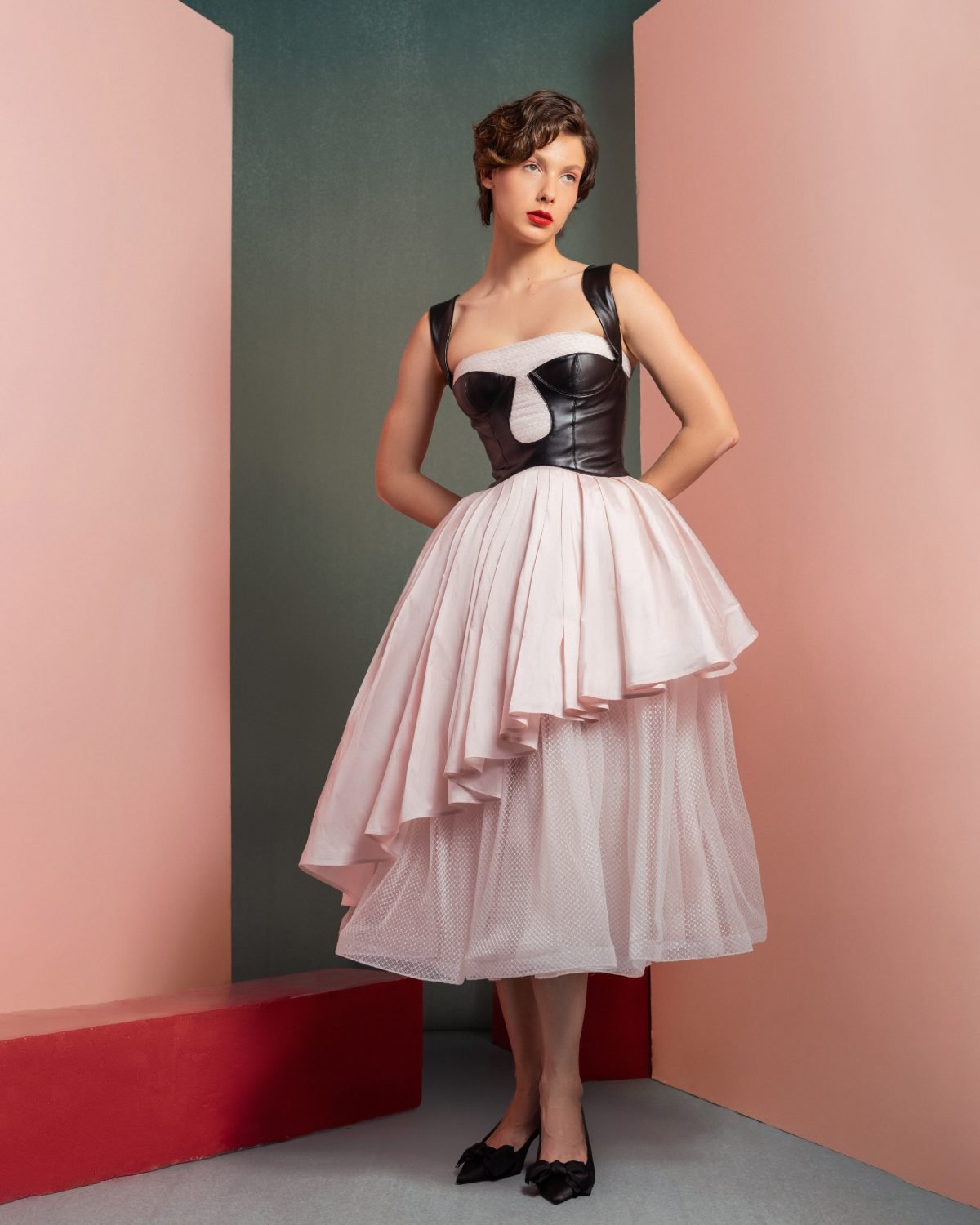 Modern Pink Midi Dress with Leather Bodice