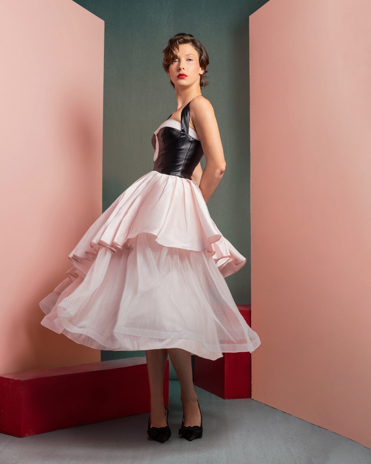 Modern Pink Midi Dress with Leather Bodice