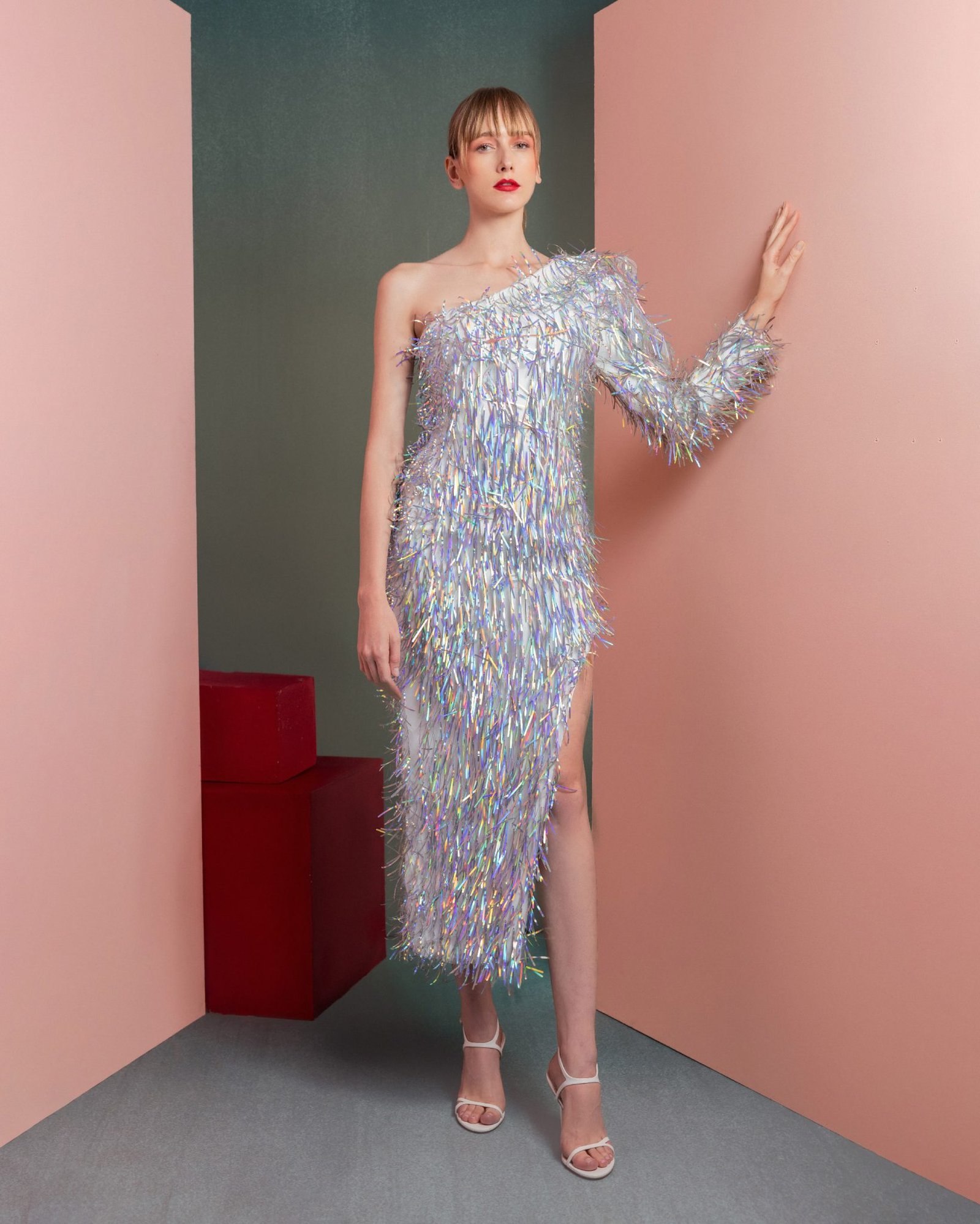Iridescent Fringe Asymmetrical One-Shoulder Dress