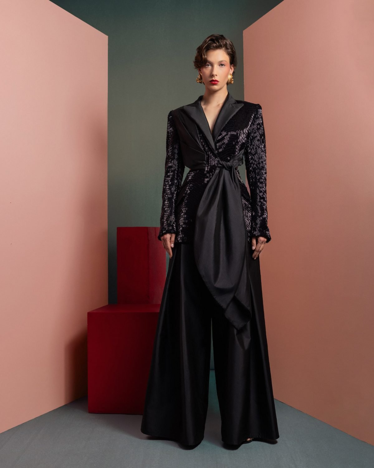 Elegant Sequin Blazer with Draped Taffeta Detail and knot