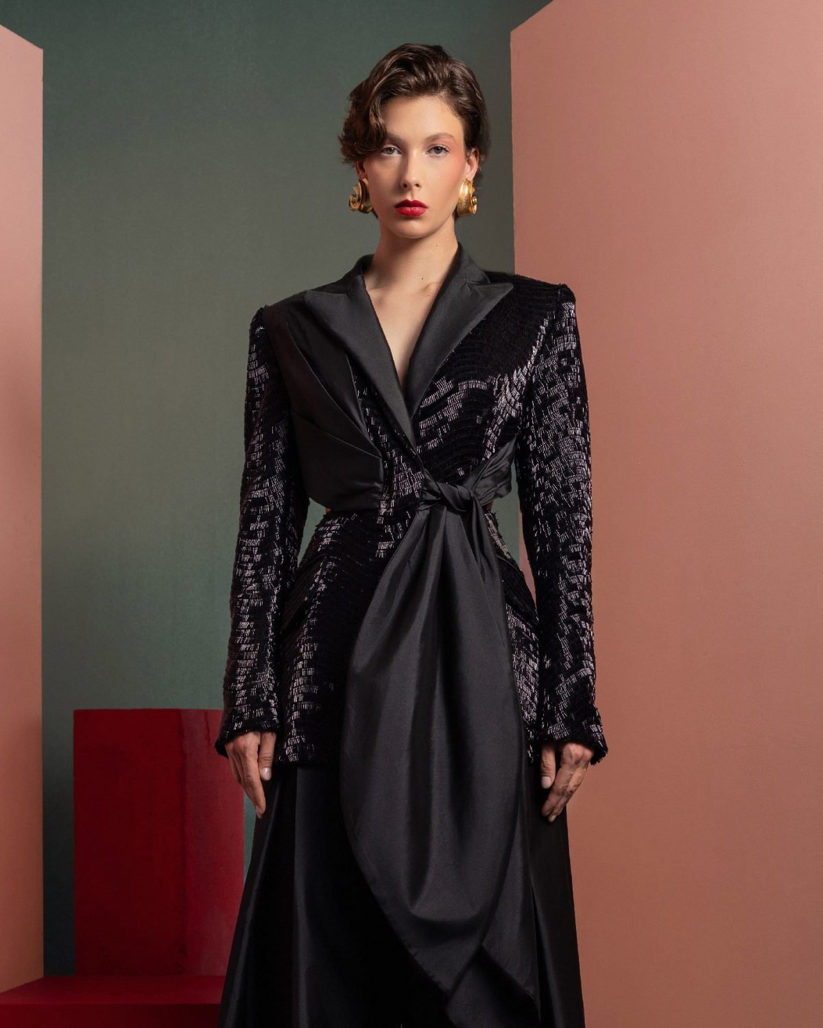 Elegant Sequin Blazer with Draped Taffeta Detail and knot