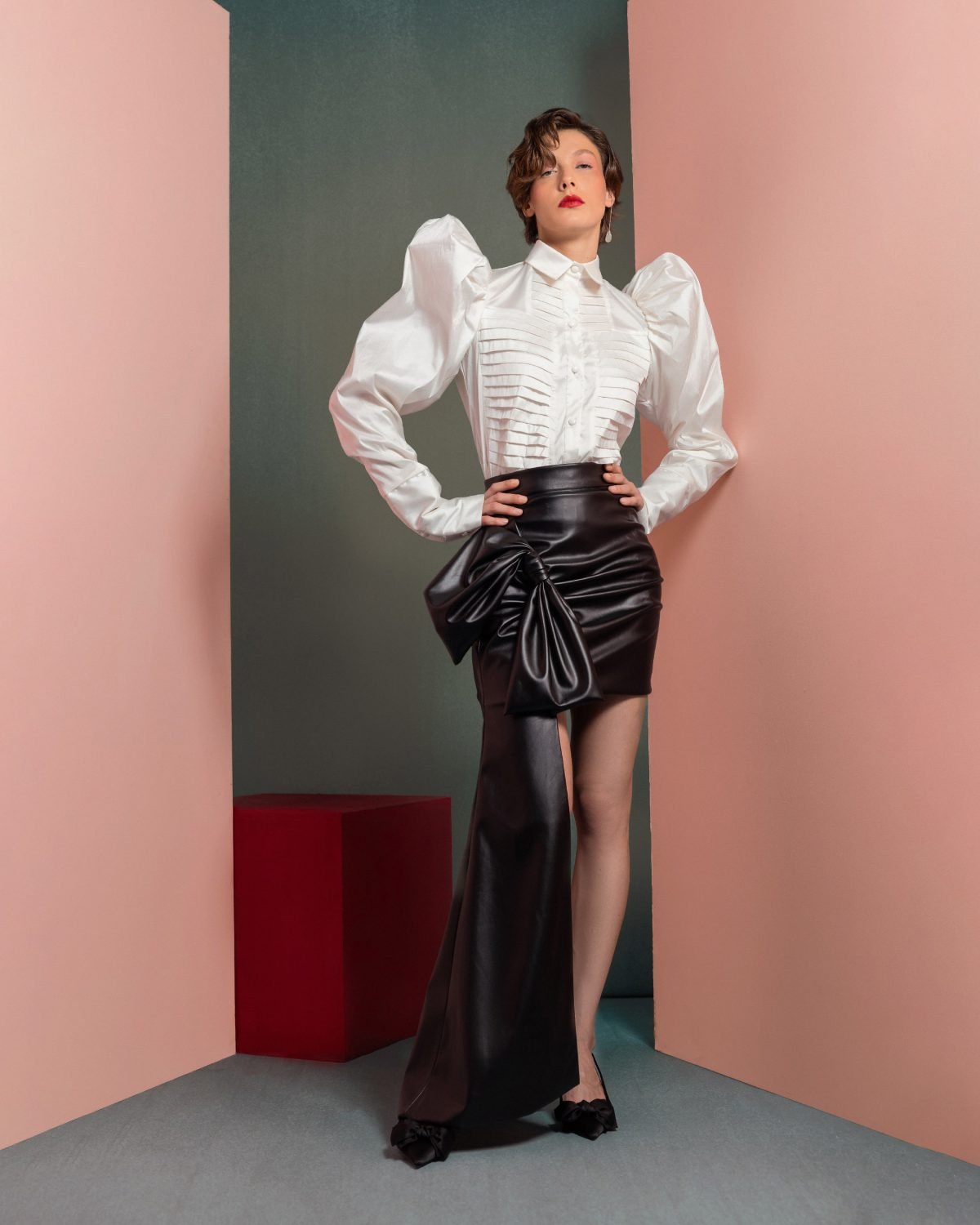 Puff-Shoulders Taffeta Blouse with Pleated Front