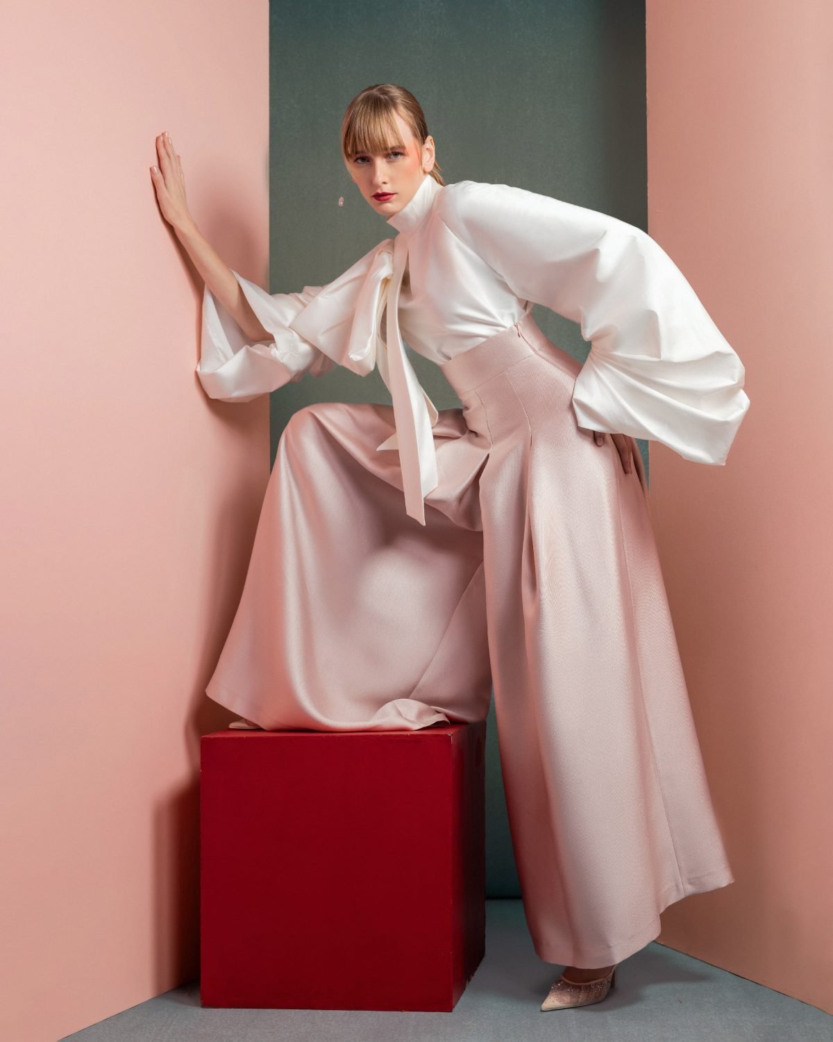 Exaggerated Sleeves White Taffeta Blouse