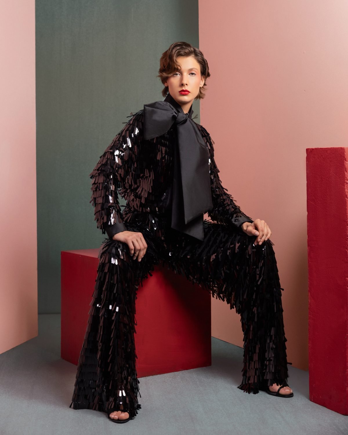 Glamorous Sequin Blouse with Oversized Bow