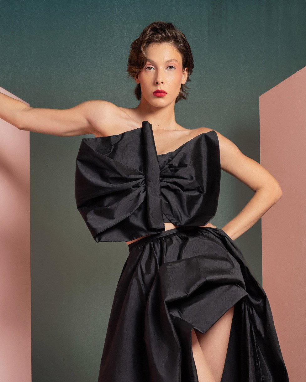 Elegant Black Taffeta Top with Statement Bow