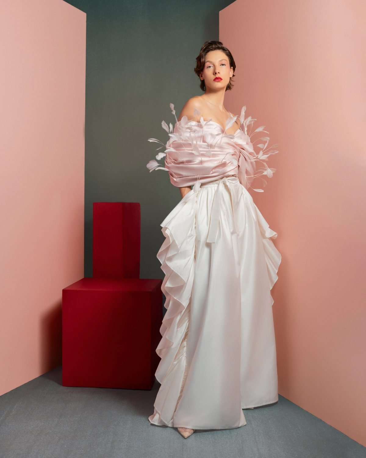 Whimsical Pink Feathered Taffeta Top