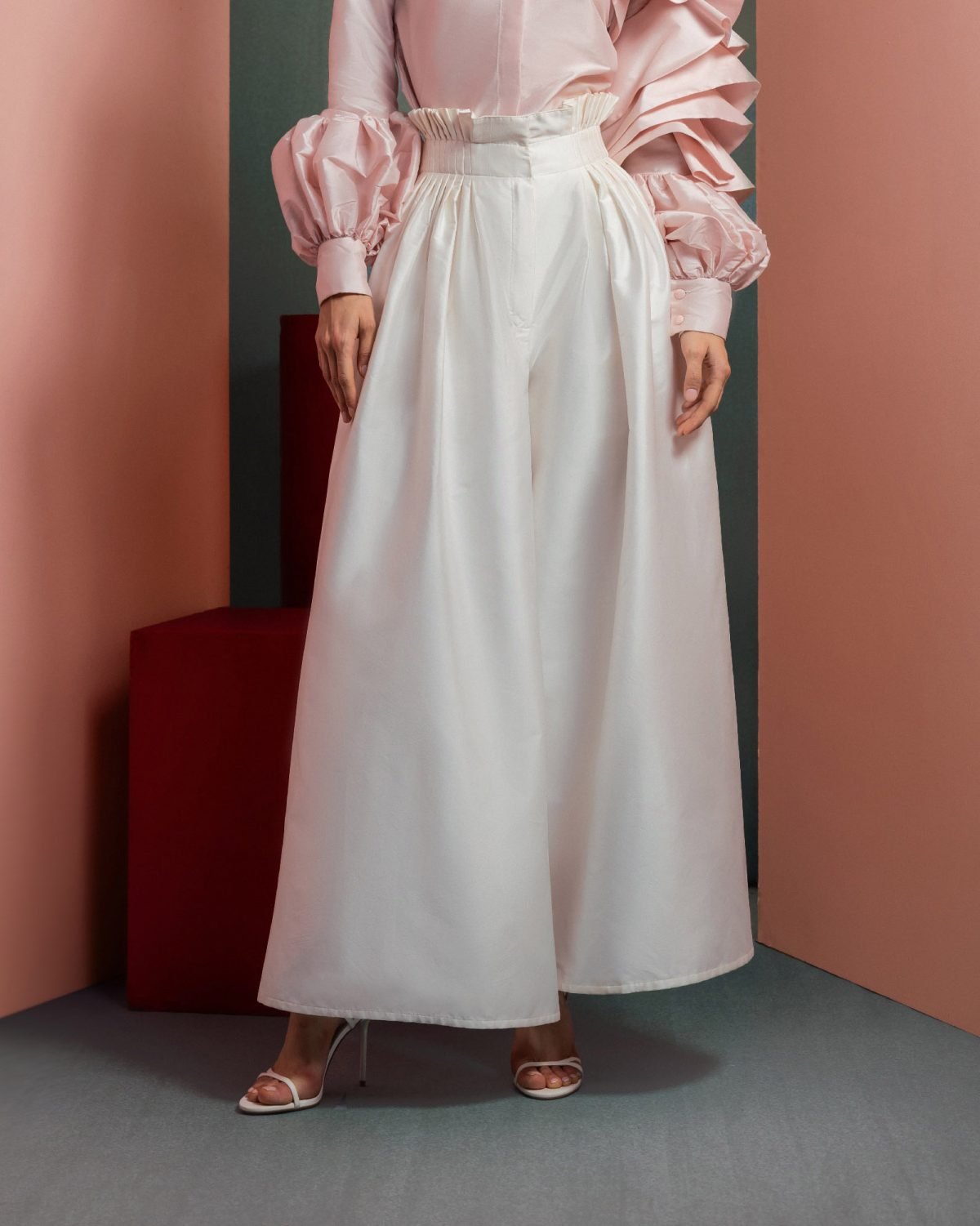 Wide-Legs White Taffeta Pants