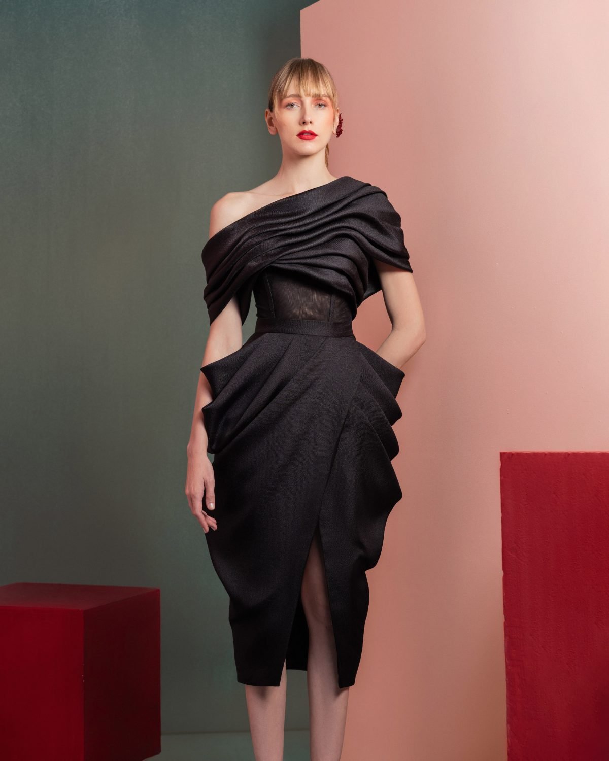 Draped One-Shoulder Mikado Piqué Top